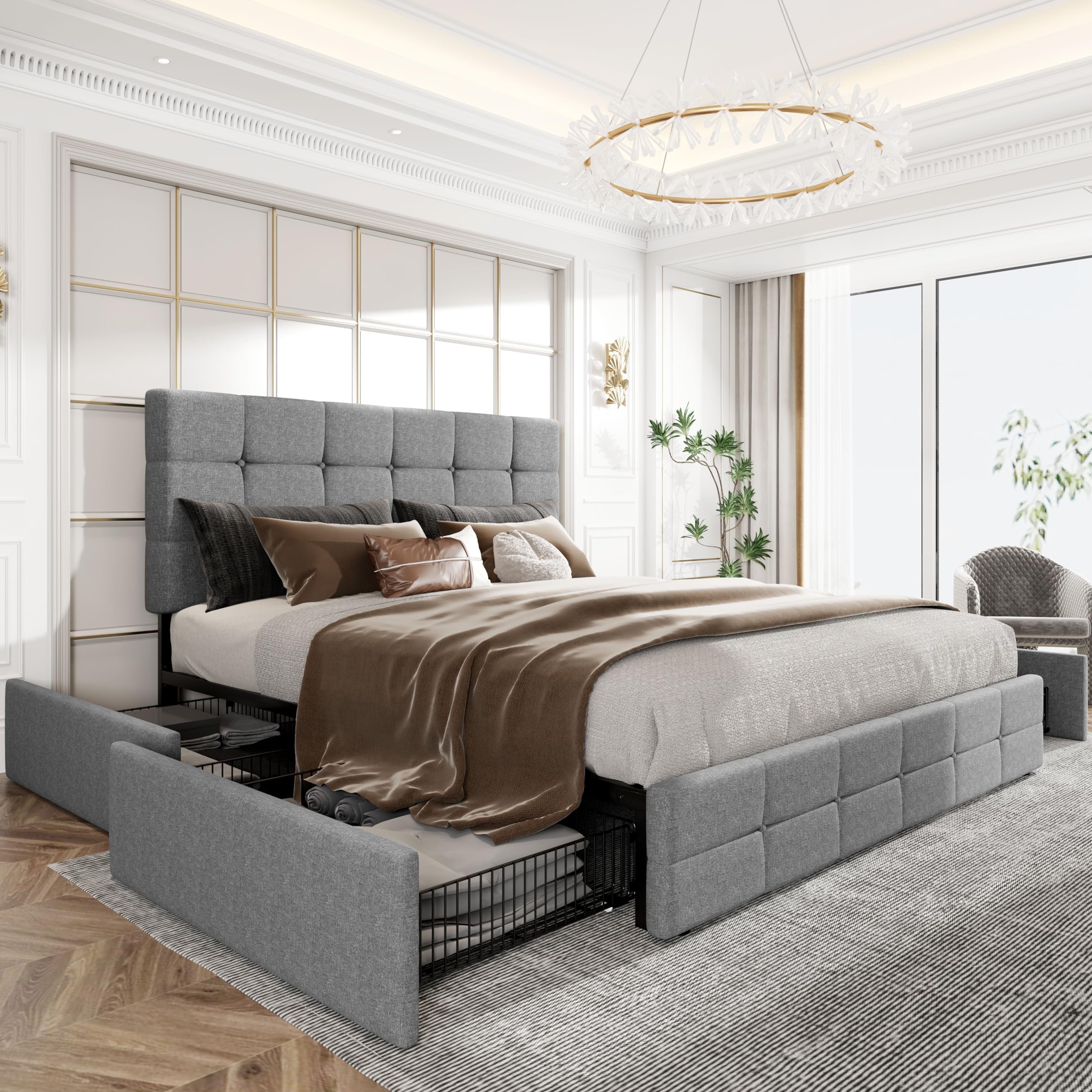 HOOMIC Queen Size Storage Bed Frame with 4 Drawers - Adjustable Tufted Headboard, Wooden Slats Support, No Box Spring Needed | Noise Free, Easy Assembly | Light Grey Modern Platform Bed for Small Space Bedroom, Guest Room & Apartment