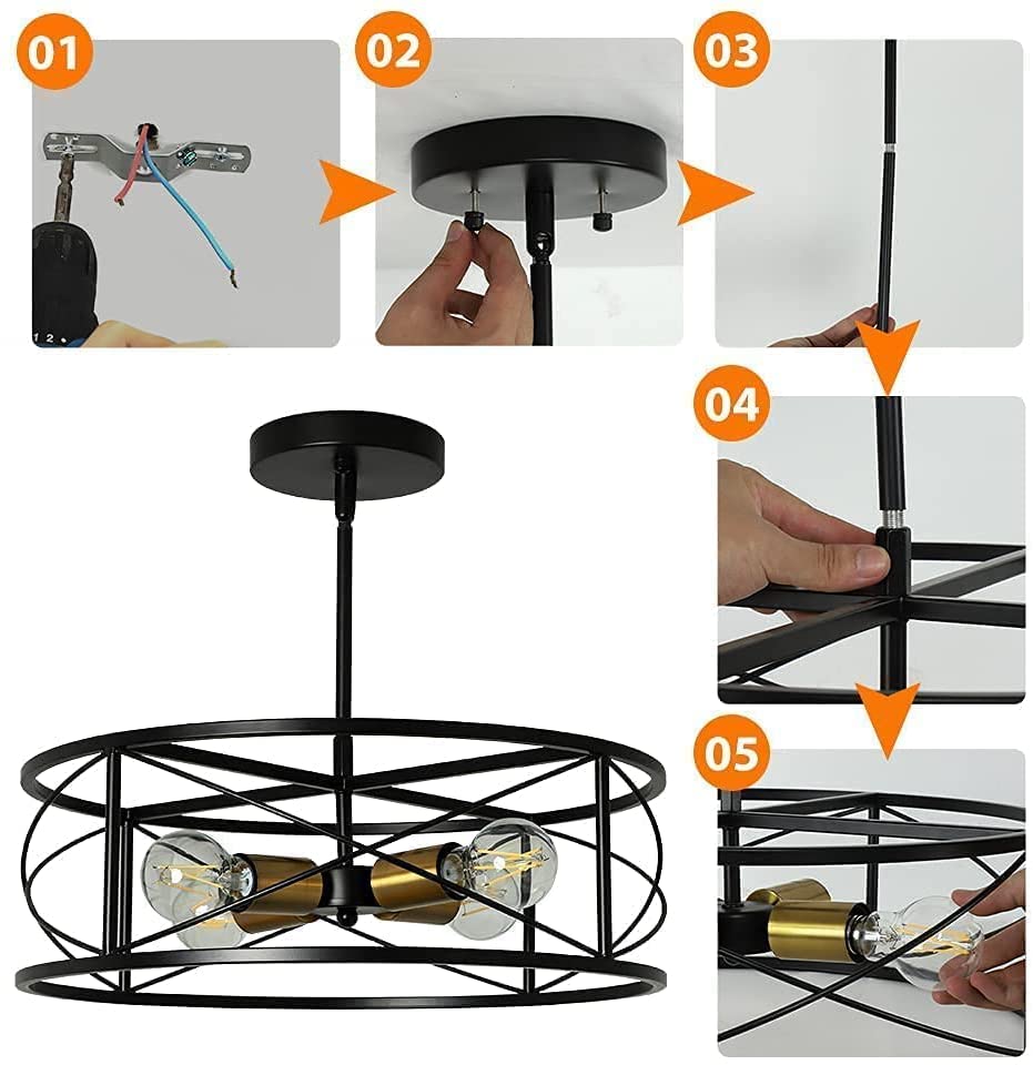 DLLT 4-Light Black Round Pendant Lighting Fixture - 18 Inch Industrial Metal Drum Cage Chandelier - Farmhouse Hanging Light for Dining Room Kitchen Living Room Bedroom Hallway - Perfect for Rustic Home Decor & Modern Interior Design