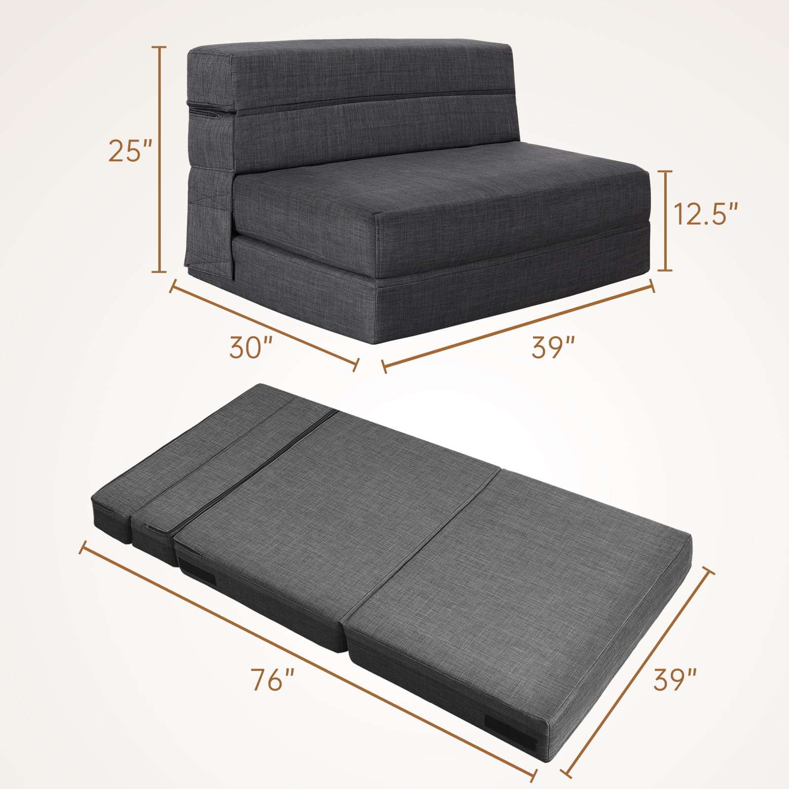 Convertible Twin Size Foldable Sofa Bed with Memory Foam & Pillow - Sleeper Chair Futon for Living Room, Home Office, Guest Bed, Apartment - Dark Gray | Perfect for Small Spaces, Overnight Guests & Multi-Functional Furniture Needs