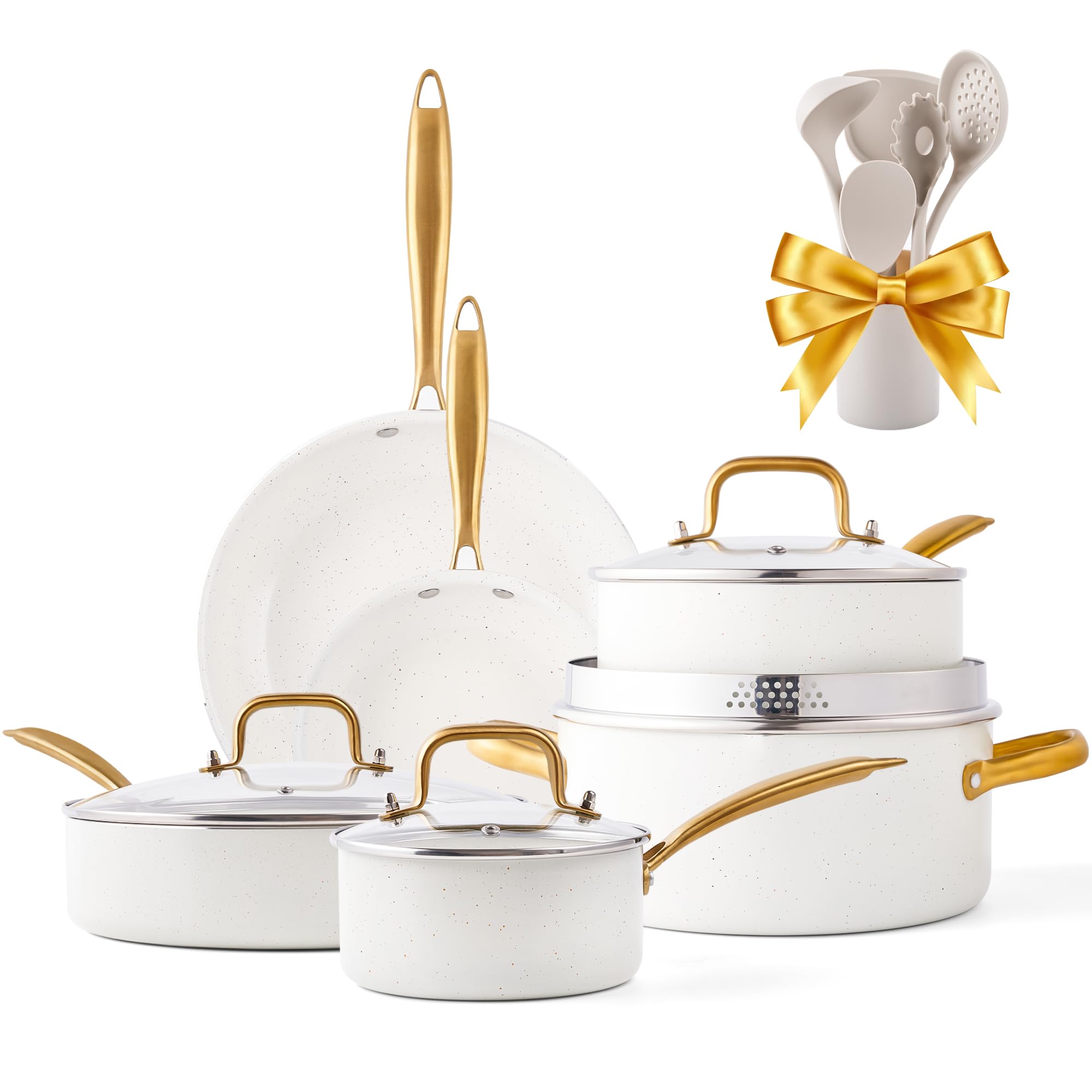 16-Piece Nonstick Cookware Set - Non-Toxic Pots & Pans with Dutch Oven, Frying Pan, Saucepan & Sauté Pan | Granite Coating Kitchen Cookware Set with Cooking Utensils | Perfect for Home Cooking, Gift Giving & Professional Chefs