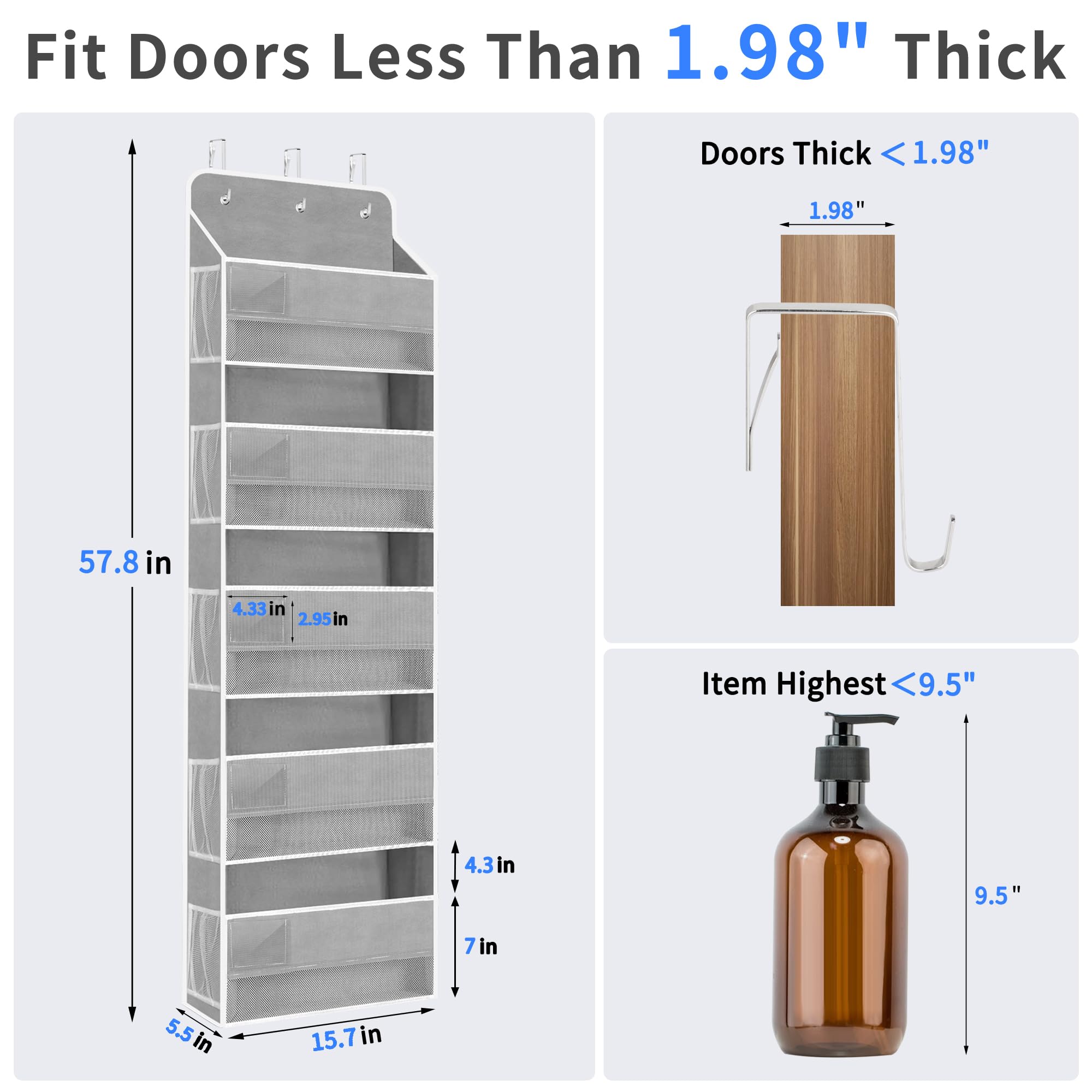Over The Door Organizer with 5 Large Pockets & 10 Mesh Side Pockets - Heavy Duty 44lbs Capacity Hanging Storage for Nursery, Bathroom, Bedroom & Pantry - Perfect for Toys, Towels, Shoes & Pantry Items