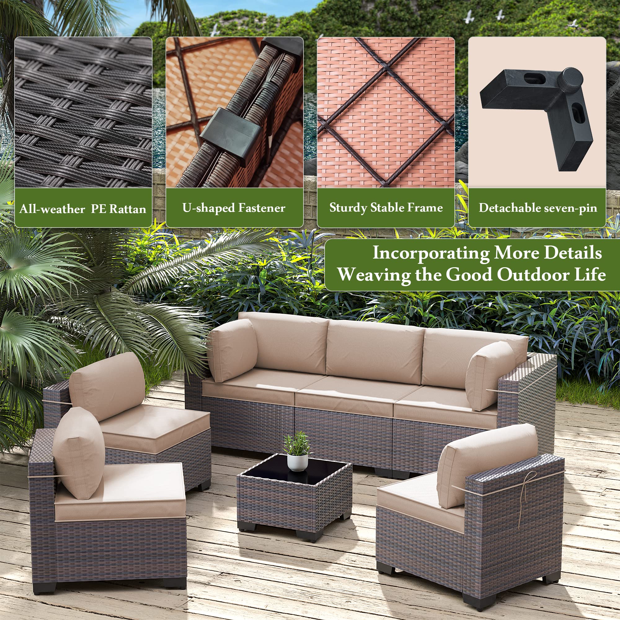 **9-Piece All-Weather Outdoor Patio Furniture Set - PE Wicker Modular Sectional Sofa with Coffee Table & 8 Chairs (Brown) - Perfect for Backyard, Garden, Poolside & Patio Relaxation**