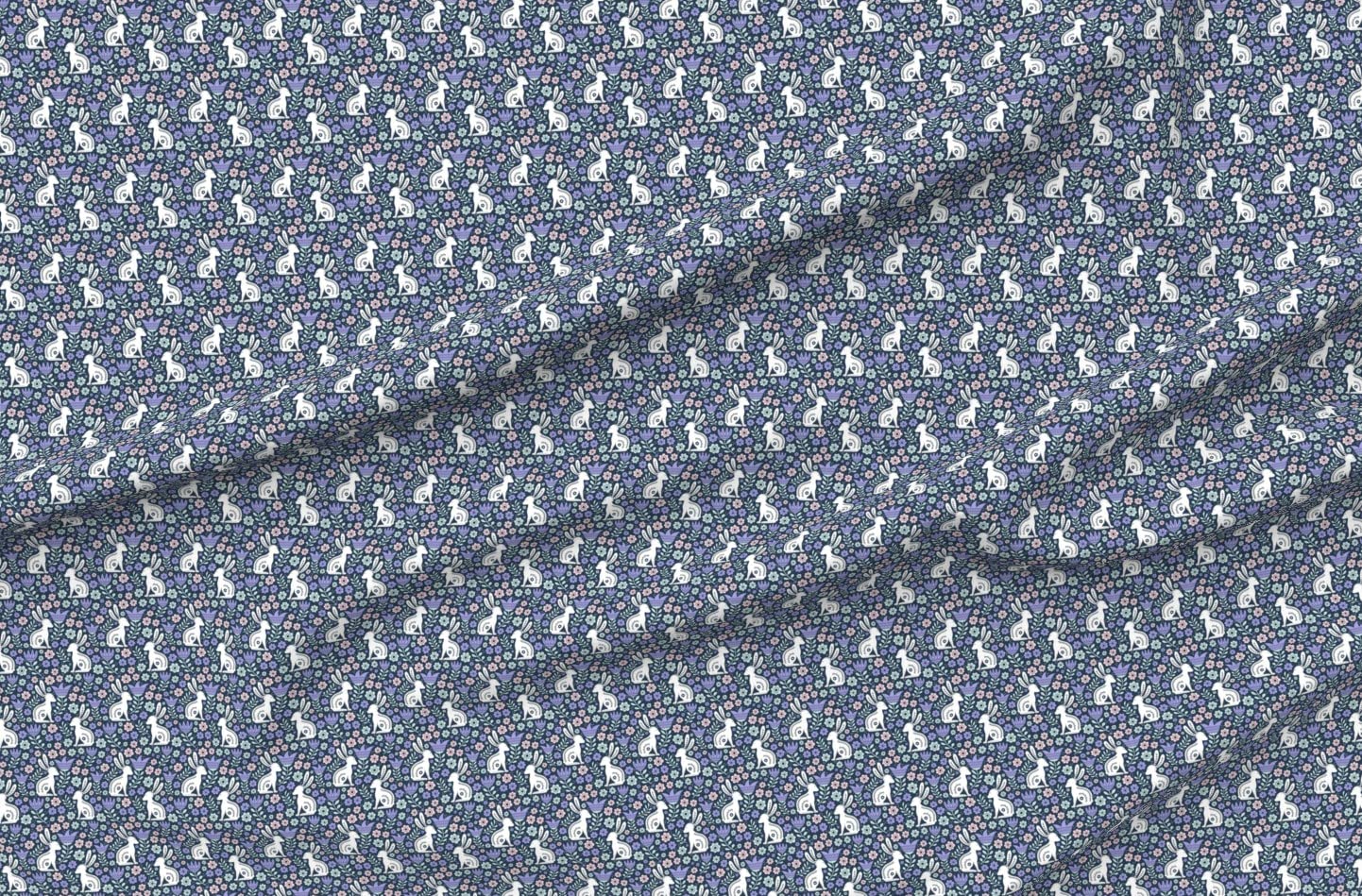 Easter Folk Bunny Rabbit Spring Scandi Floral Navy Printed Organic Cotton Sateen Fabric by The Yard - Premium Spoonflower Material for Sewing, Quilting, Apparel & Home Decor - Perfect for Easter Crafts, Spring Dresses and Cozy Home Decorations