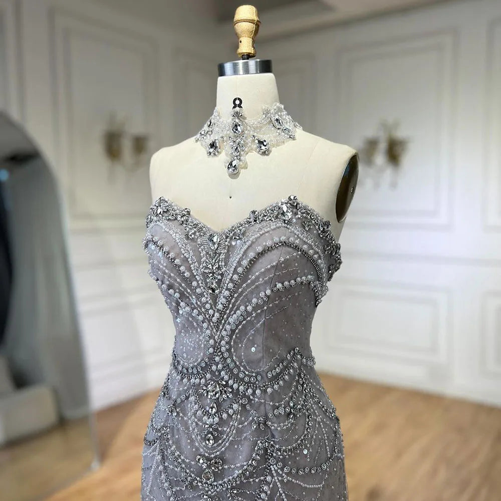 Elegant Arabic Silver Mermaid Evening Gown with Beaded Pearls & Crystal Embellishments for Women - Perfect for Parties, Prom, and Special Occasions in 2025