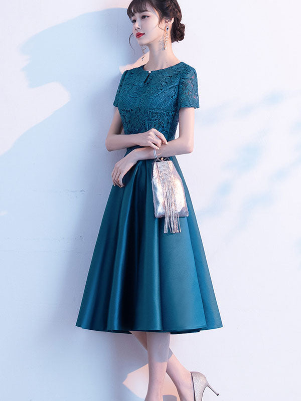 Elegant Blue and Red Lace Bodice Fit & Flare Midi Dress for Women | Vintage Inspired Cocktail Party & Wedding Guest Dress
