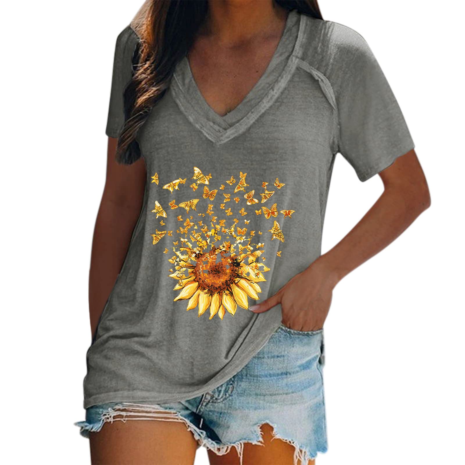 Women's Oversized V-Neck Casual T-Shirt - Floral Print Loose Fit Short Sleeve Top - Perfect for Summer Outfits, Beach Wear & Lounge Comfort