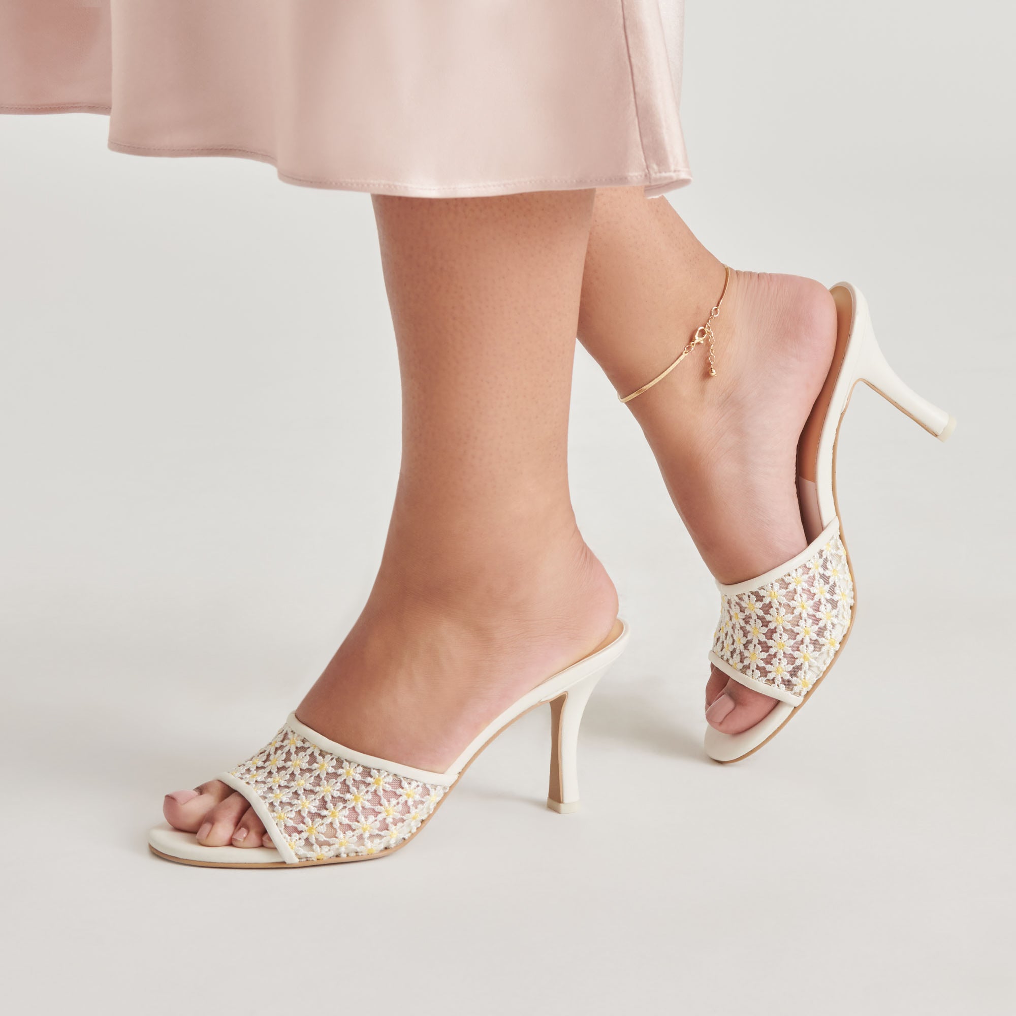 Lavena Women's Floral Heels - White & Yellow Mesh Summer Sandals for Weddings, Parties & Beach Outfits