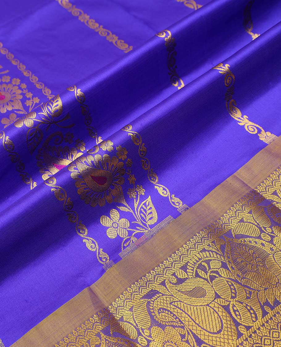 Elegant Blue Floral Pure Silk Half Saree with Contrast Zari Border - Matching Zari Blouse & Plain Dhavani with Zari Trim | Perfect for Weddings, Festivals & Special Occasions