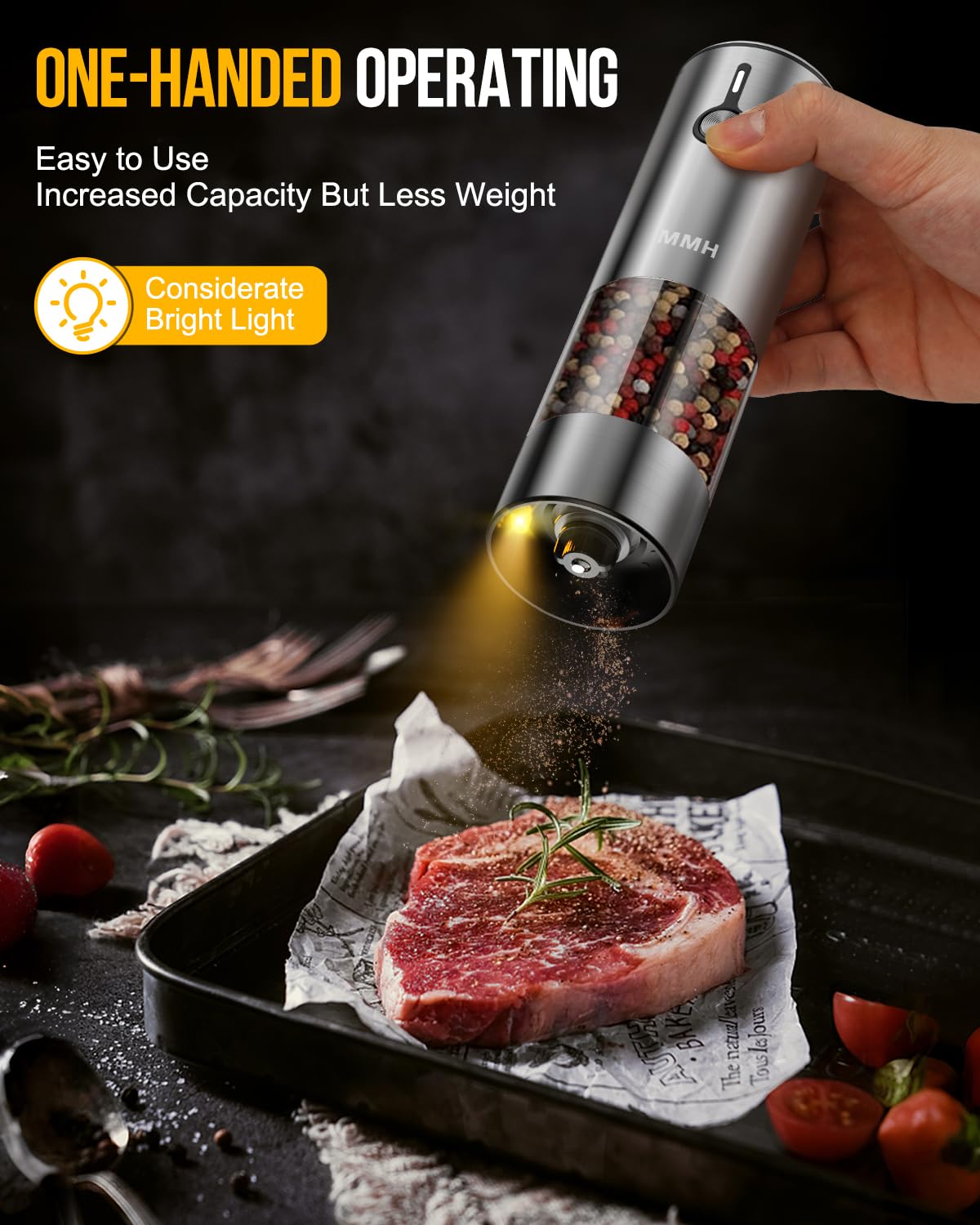 Upgraded 66g Large Capacity Rechargeable Electric Salt and Pepper Grinder Set - 2 Pack with 6 Adjustable Coarseness Levels, Stainless Steel Automatic Spice Mill with LED Light - Perfect for Kitchen, Dining Table & Outdoor BBQ