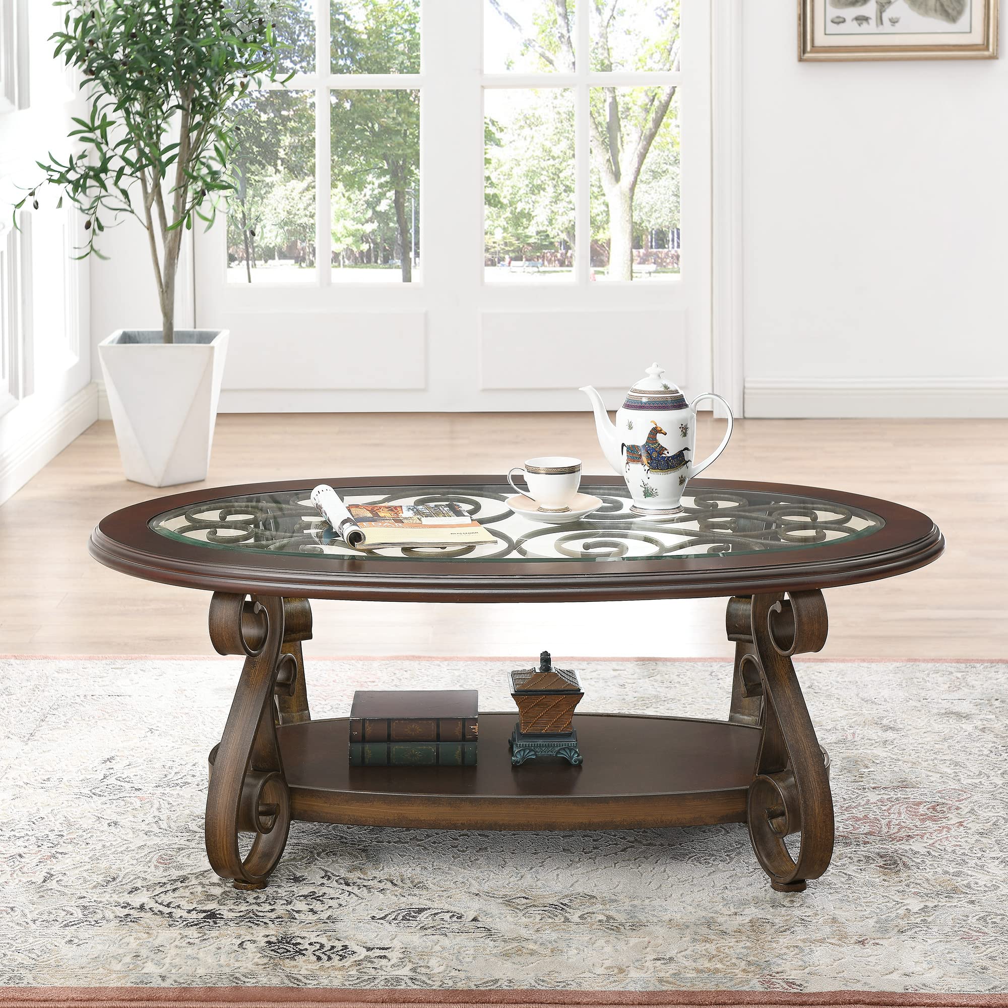 Goujxcy Modern Cocktail Table with Glass Top & Metal Legs - Light Brown Coffee Table for Living Room, Office, Lounge & Home Decor