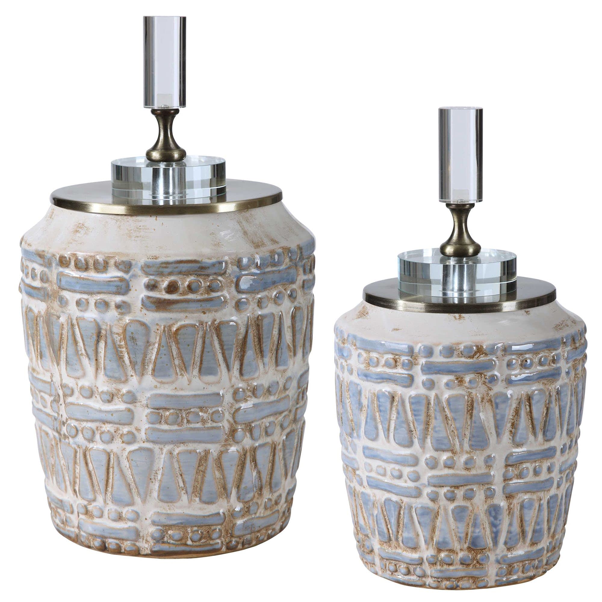 Set of 2 Cream White & Pale Blue Tribal Pattern Glass Bottles 12