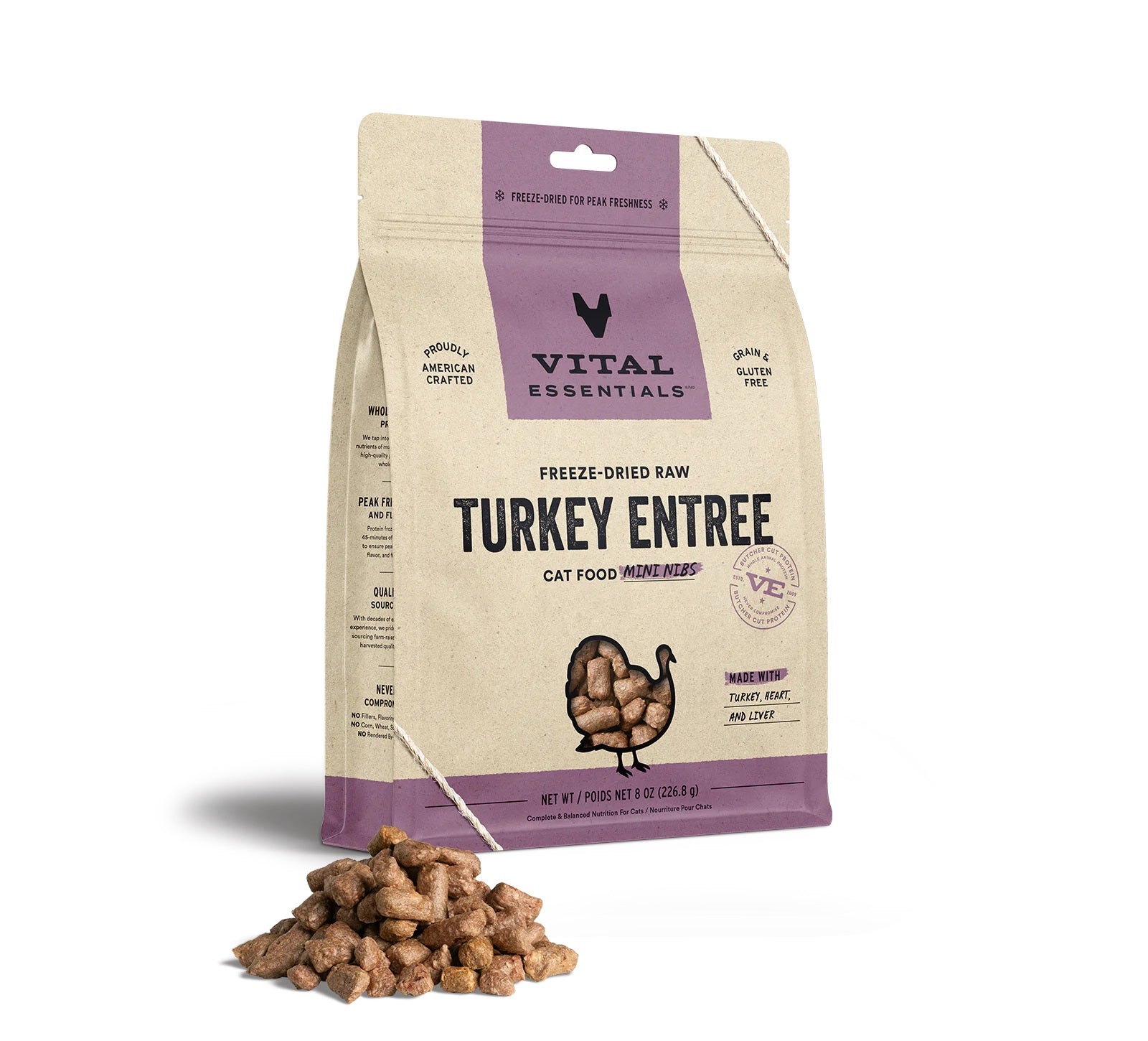 Vital Essentials Freeze Dried Turkey Mini Nibs Cat Food - Grain-Free High Protein Treats for Cats, Kittens & Senior Cats - Perfect for Training, Rewards & Travel Snacks