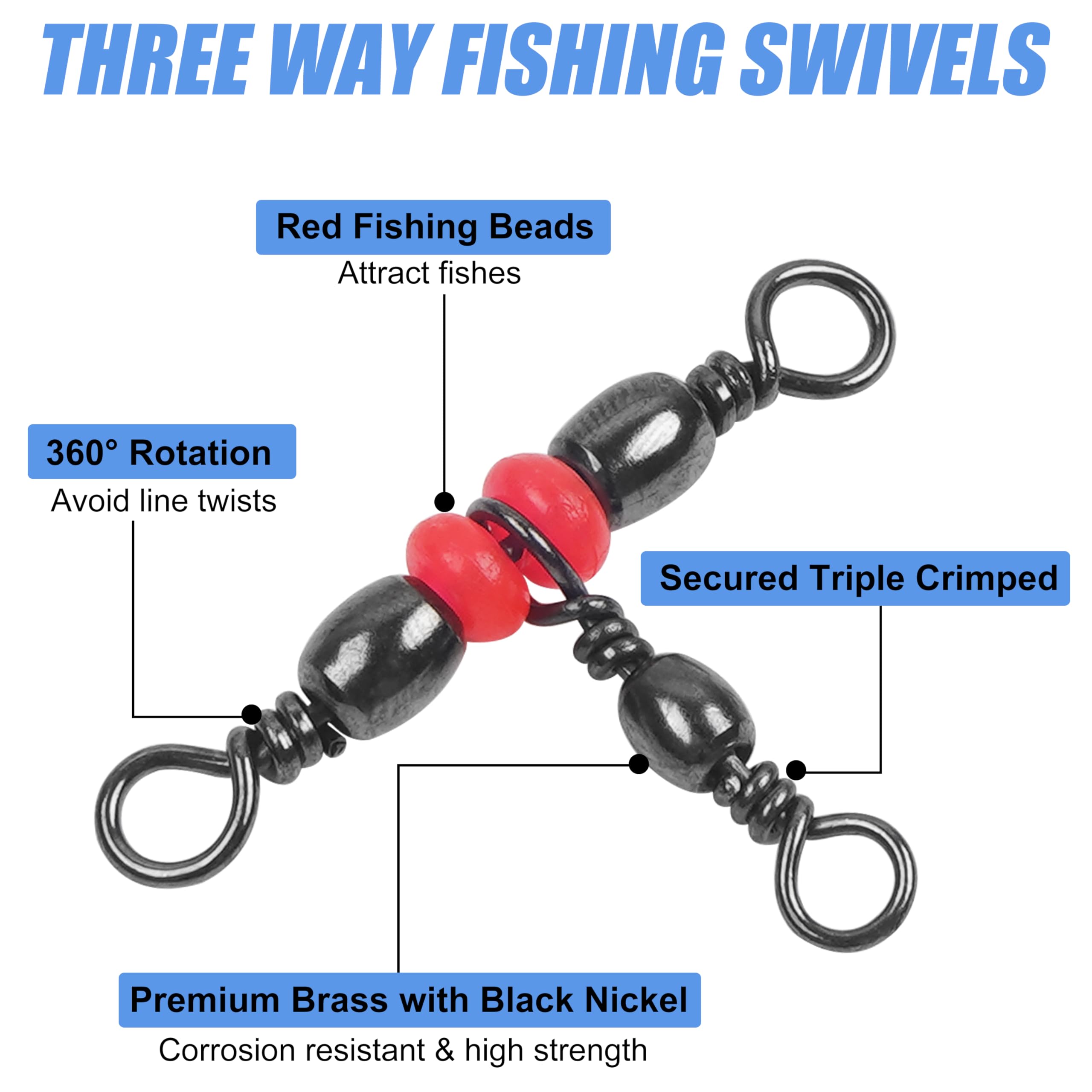 50Pcs 3-Way Fishing Barrel Swivels Set - Triple T-Turn Cross Line Swivel Connectors for Lure & Tackle - Durable Fishing Gear Accessories with Storage Box - Perfect for Saltwater, Freshwater & Ice Fishing