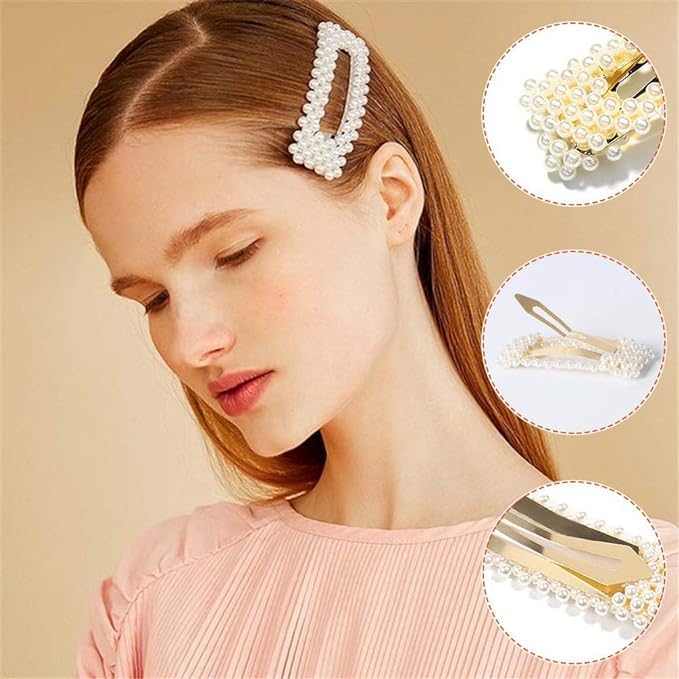 TREXEE Pearl Hair Clips for Women & Girls - Large Hair Barrettes, Minimalist Hair Pins with Moon, Triangle, Circle & Butterfly Designs - Perfect for Thick Hair Styling (2-Pack) | Wedding, Party & Everyday Use Accessories