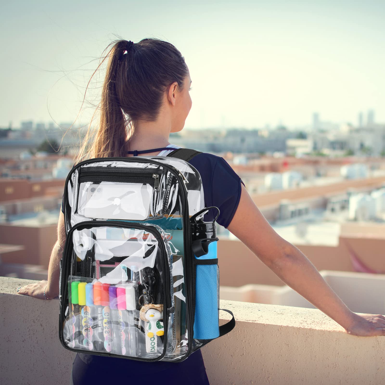 AnSun Clear PVC Backpack - Large Heavy Duty Transparent Bookbag for School, Work, Travel & Sports - Reinforced Shoulder Straps for Kids & Adults - Ideal for Airport Security, Concerts & Stadium Events (Carbon Black)