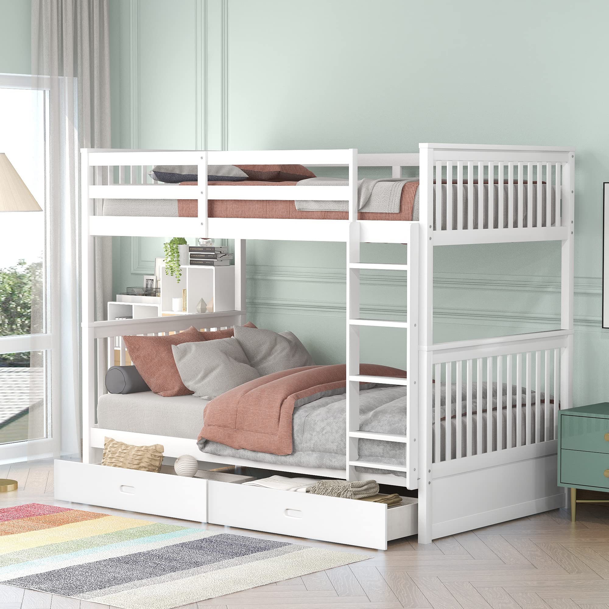 P PURLOVE Twin Over Twin Bunk Bed with 2 Storage Drawers, Solid Wood Bunk Bed Frame with Ladders, Convertible to 2 Separate Twin Beds for Teens, Kids, Boys & Girls - No Box Spring Required (White) - Perfect for Small Bedrooms, Guest Rooms & Shared Kids' Rooms