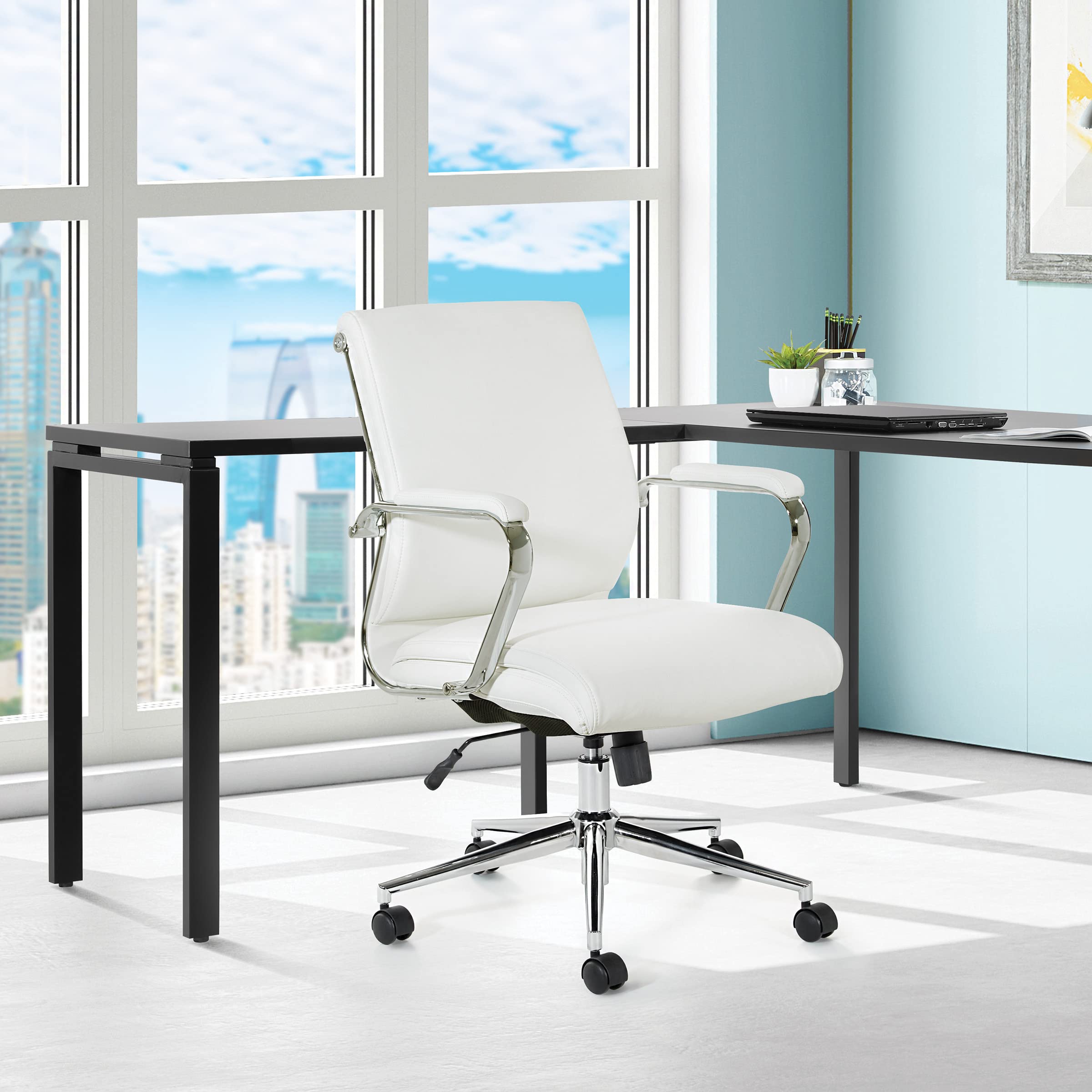 Office Star Antimicrobial Adjustable Mid-Back Office Chair with Chrome Base - Dillon Snow Fabric - Ergonomic Manager's Chair for Home & Office Workspace