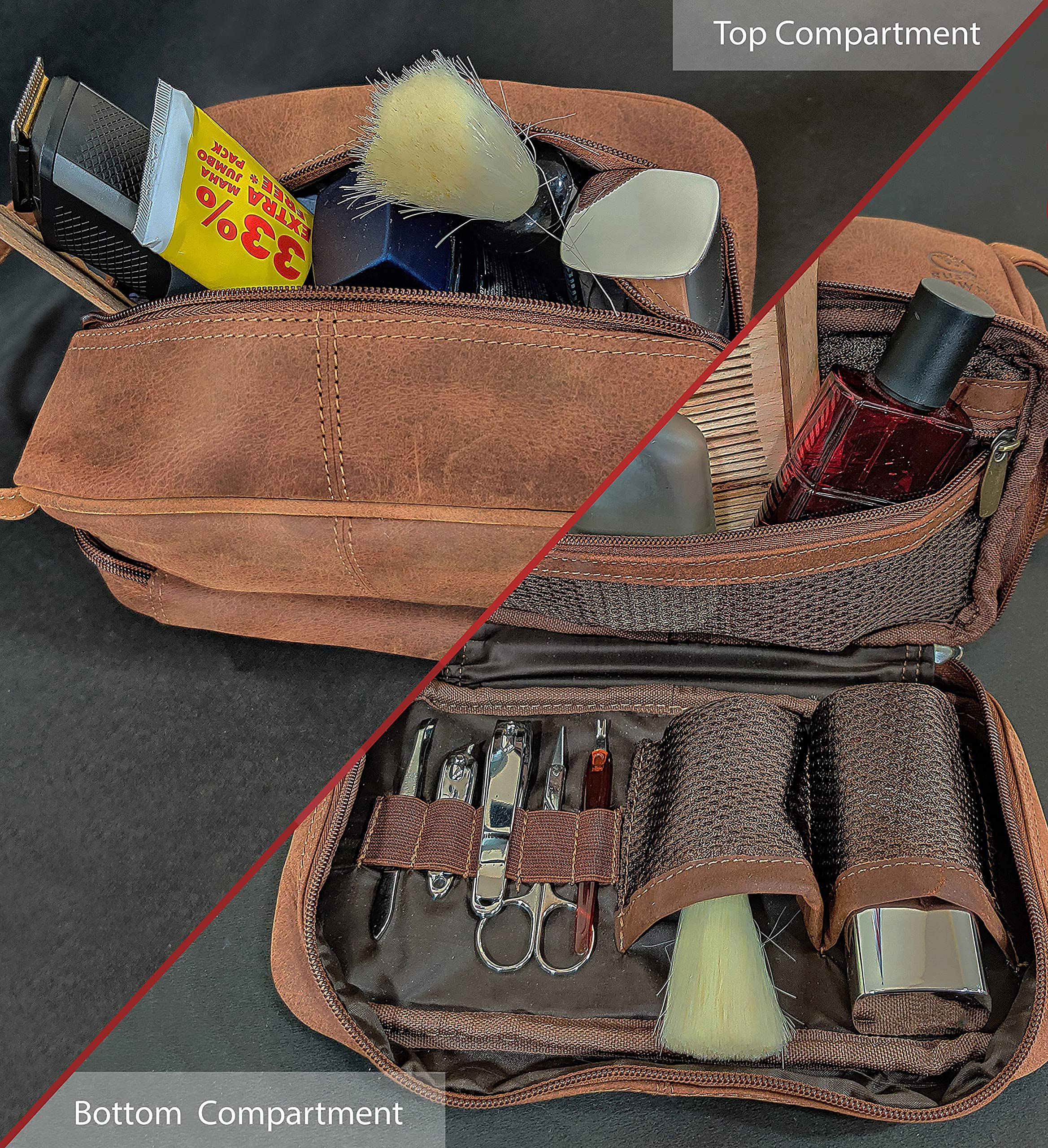 RUSTIC TOWN Genuine Leather Toiletry Bag Set - Premium Travel Organizer for Men & Women | Perfect Gift for Business Trips, Camping & Vacation Essentials