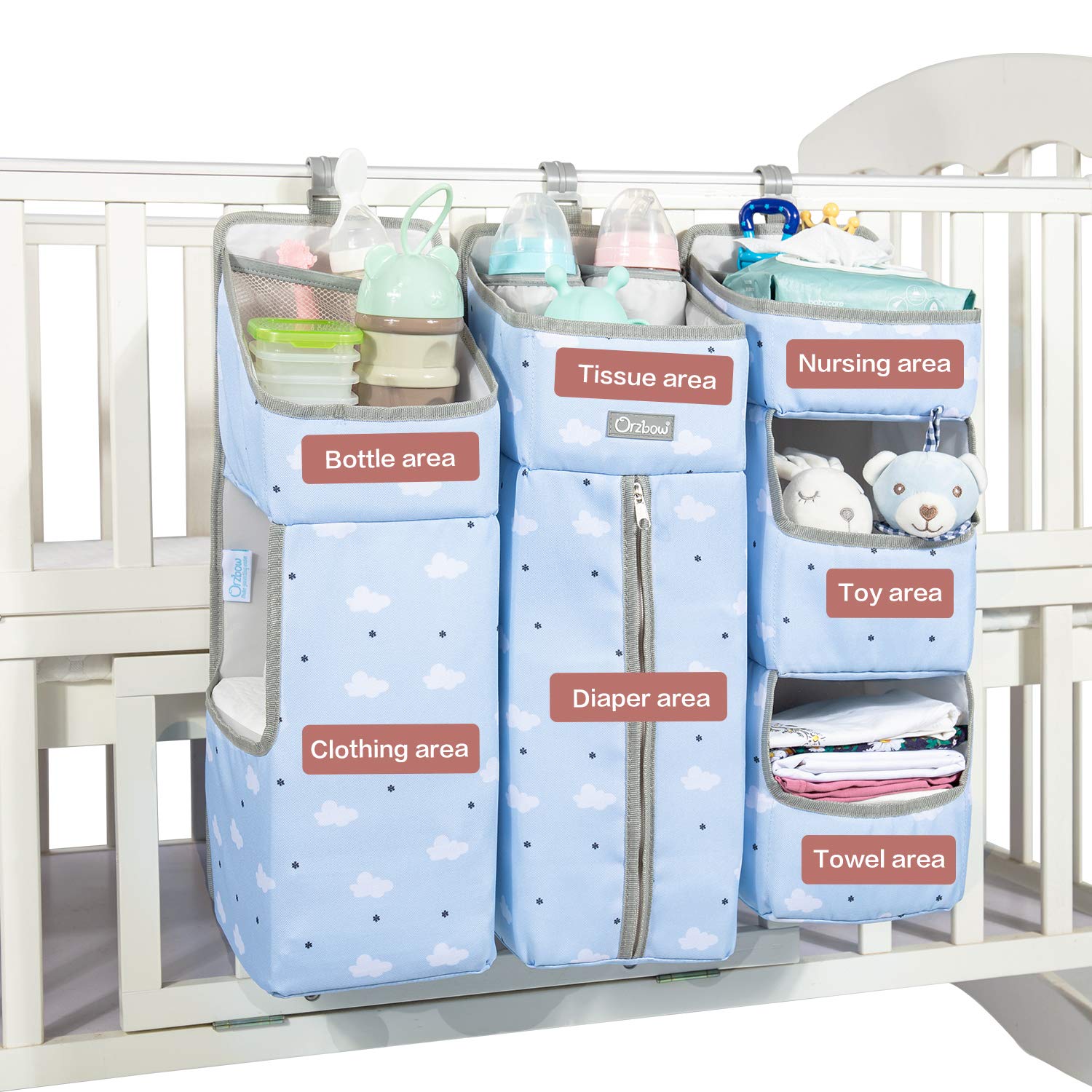 Orzbow 3-in-1 Hanging Baby Organizer & Diaper Caddy | Portable Nursery Storage for Diapers, Wipes & Essentials | Perfect for Crib, Changing Table or Nursery Wall (Blue) | Ideal for New Parents & Baby Showers