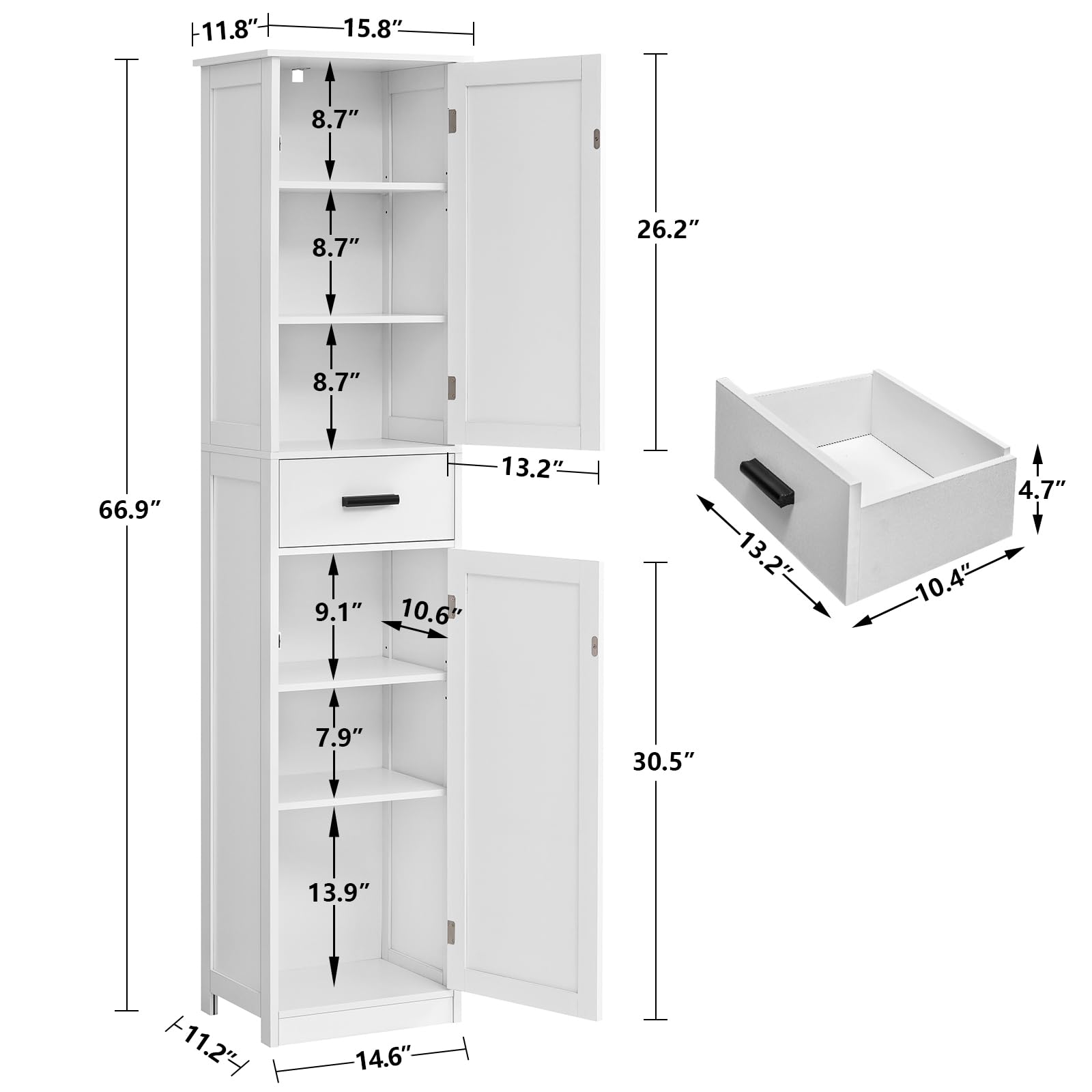WEENFON 6-Shelf Tall Bathroom Storage Cabinet with Adjustable Shelves & Drawer - White Bathroom Organizer for Towels, Toiletries & Cosmetics - Perfect for Living Room, Home Office & Small Space Organization