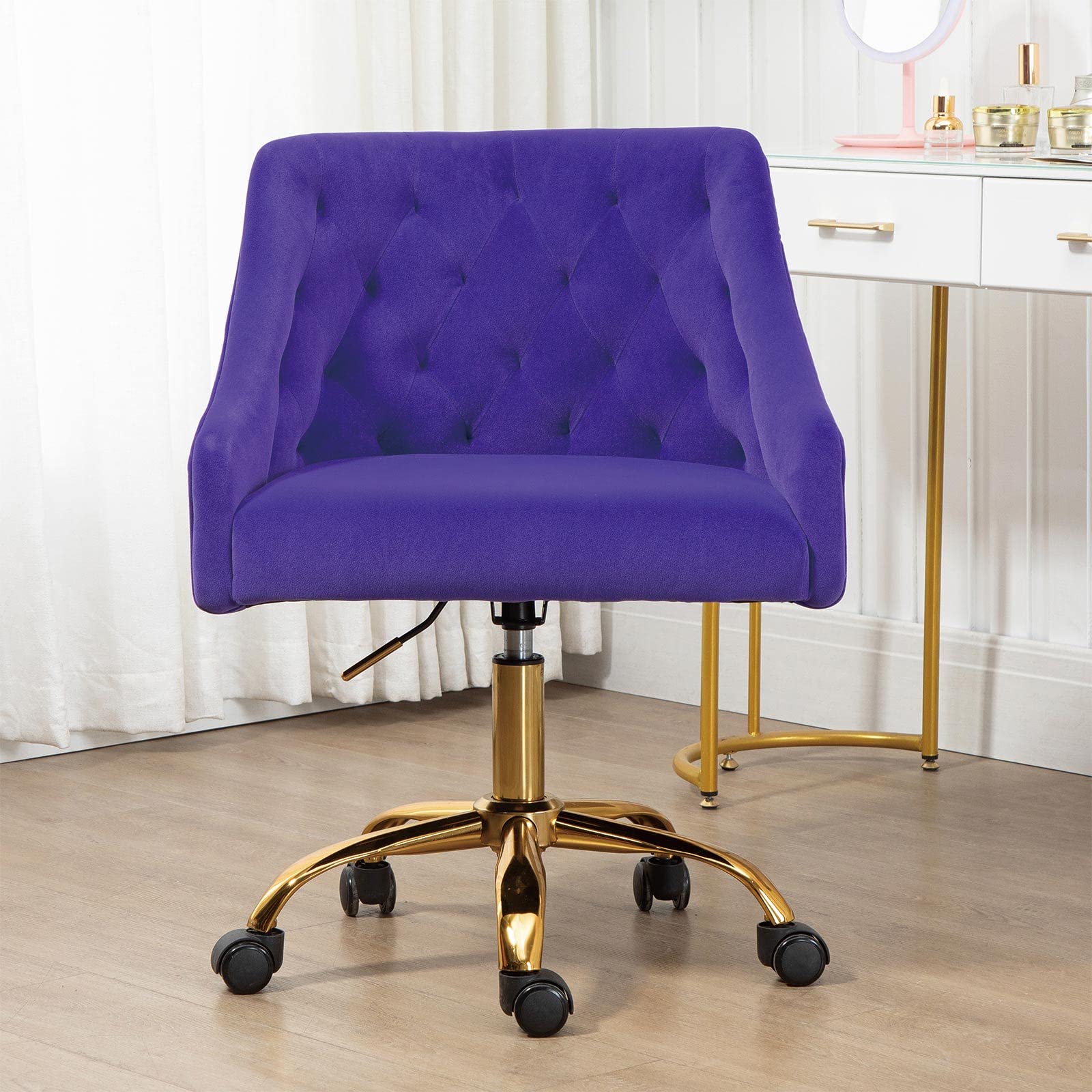Velvet Ergonomic Office Chair - Adjustable Swivel Task Chair with Arms, Upholstered Computer Desk Chair for Home Office - Comfortable Makeup & Decorative Chair with Wheels & Metal Base (Purple) - Perfect for Workstations, Gaming Setups & Home Decor