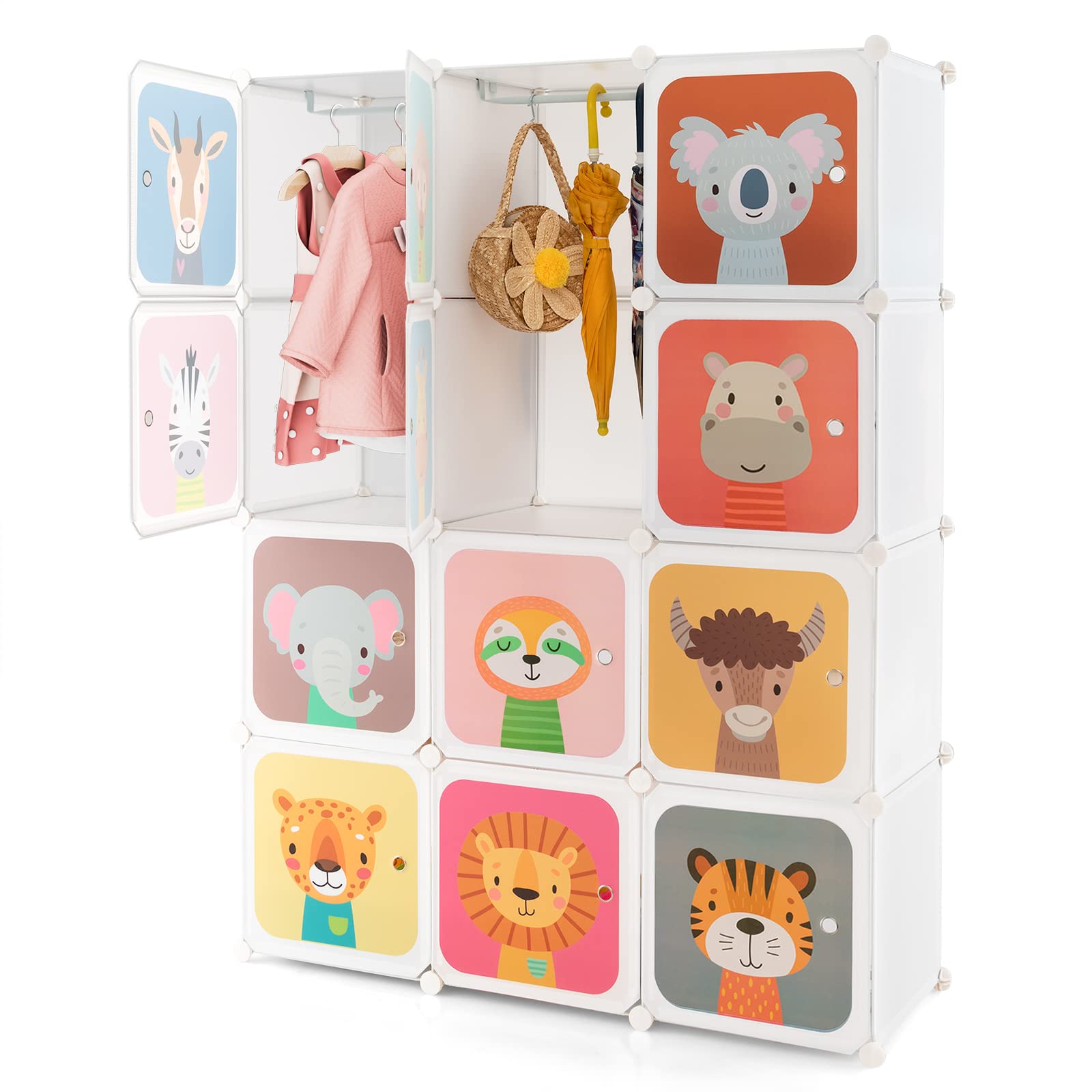 **HONEY JOY Kids Wardrobe Closet - 12-Cube & 2-Hanging Section Baby Clothes Organizer, Portable DIY Modular Dresser Cabinet for Boys & Girls (White) - Perfect for Nursery, Bedroom & Playroom Storage**