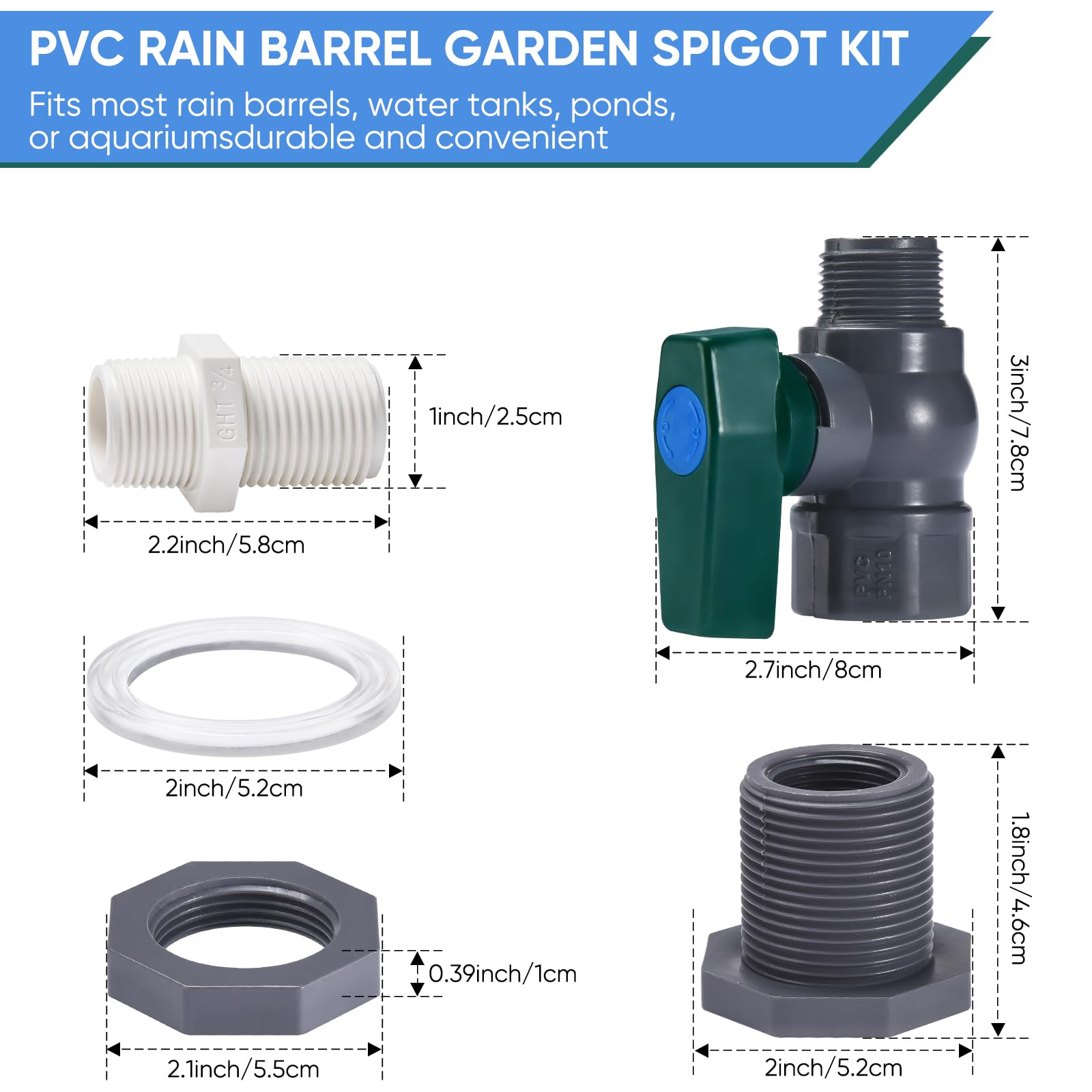 Rain Barrel Spigot Kit - 2 Pack PVC Water Barrel Diverter with Bulkhead Fitting, Hose Faucet Adapter & Thread Seal Tape | For Water Tanks, Aquariums, Tubs, Pools & Garden Barrels | Outdoor Water Conservation & Rainwater Harvesting System