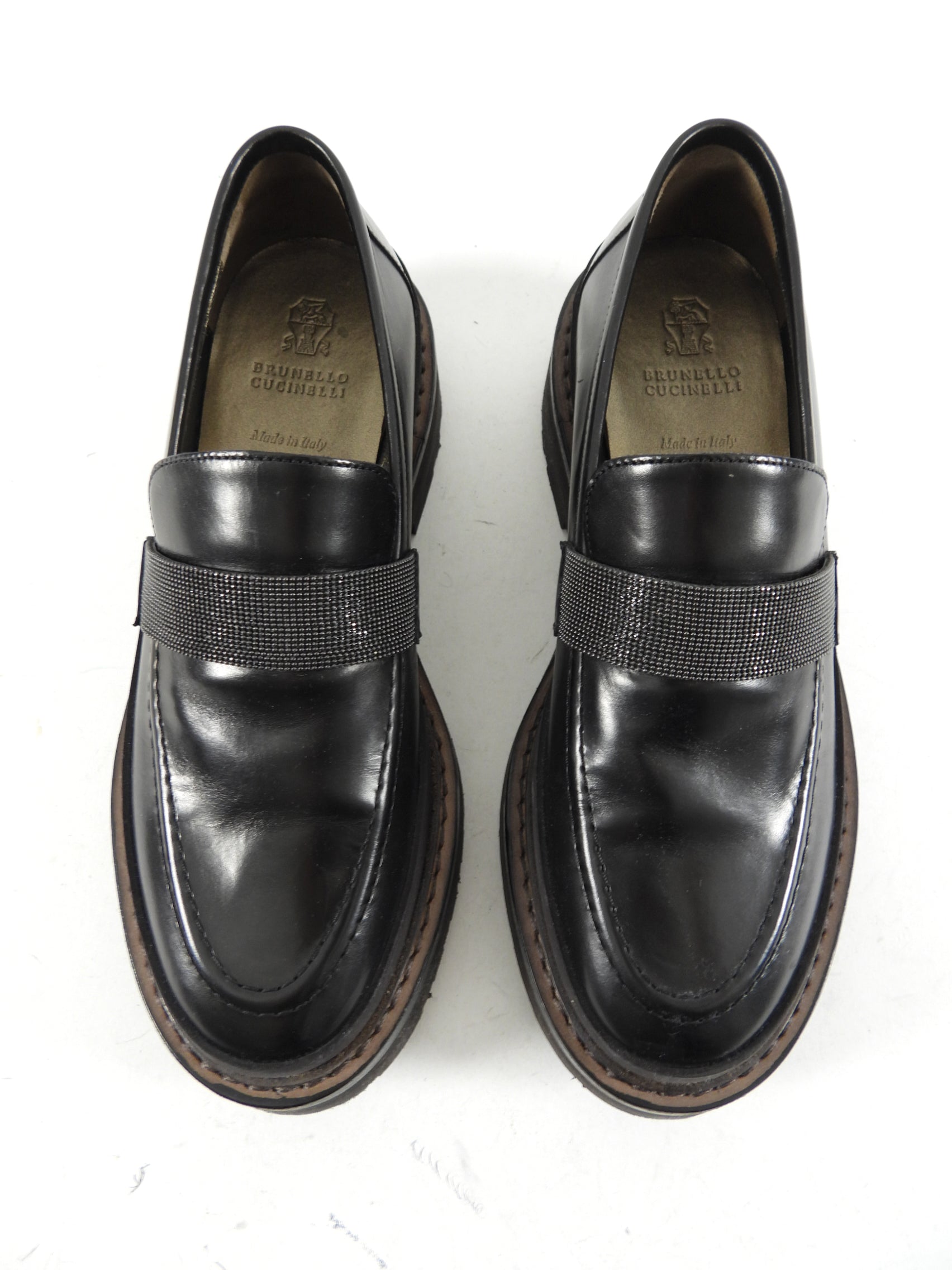 Brunello Black Leather Monili Chunky Loafer Shoes for Women - Size 36.5 / 37 EU - Comfortable Slip-On Loafers for Office, Casual Wear & Travel