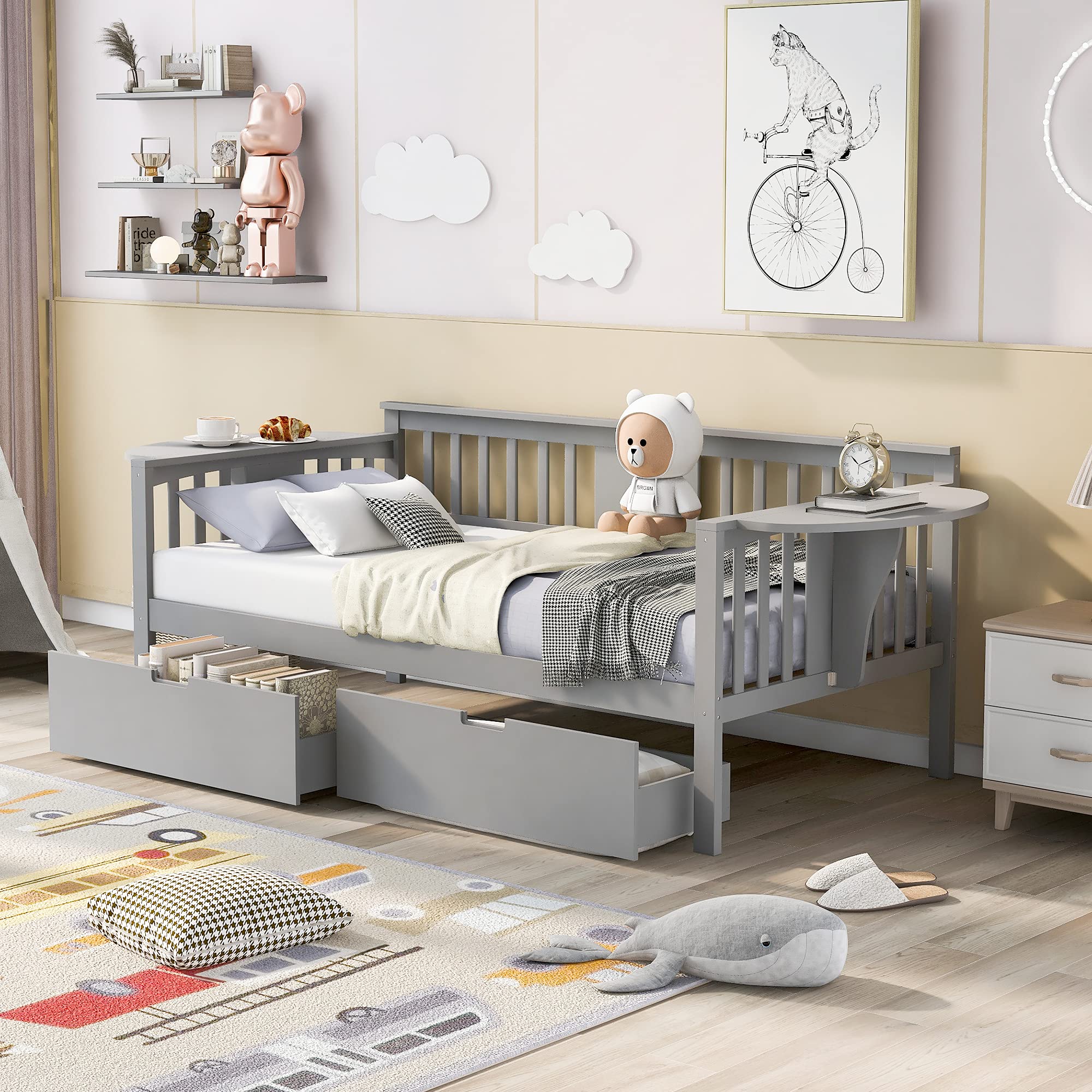 **Solid Wood Twin-Size Daybed with 2 Folding Tables & 2 Drawers – Multi-Functional Bed Frame for Kids, Teens & Guest Rooms – No Box Spring Needed – Perfect for Small Spaces, Sleepovers & Home Offices**