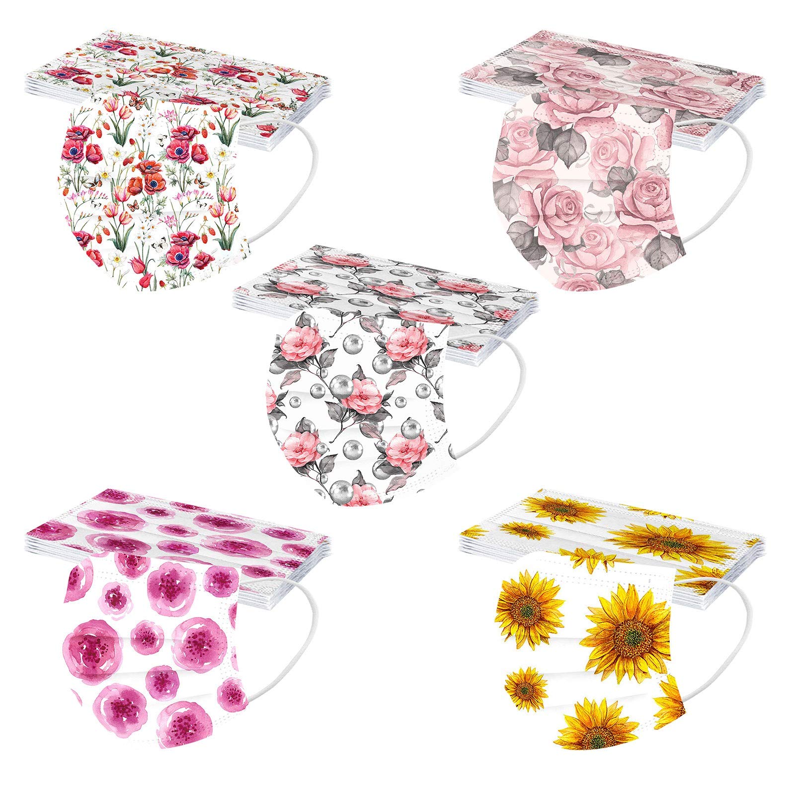 Floral Printed Disposable Face Masks for Women - 3-Ply Breathable Rose Design Paper Masks with Full Face Protection | Perfect for Daily Use, Outdoor Activities & Travel Accessories
