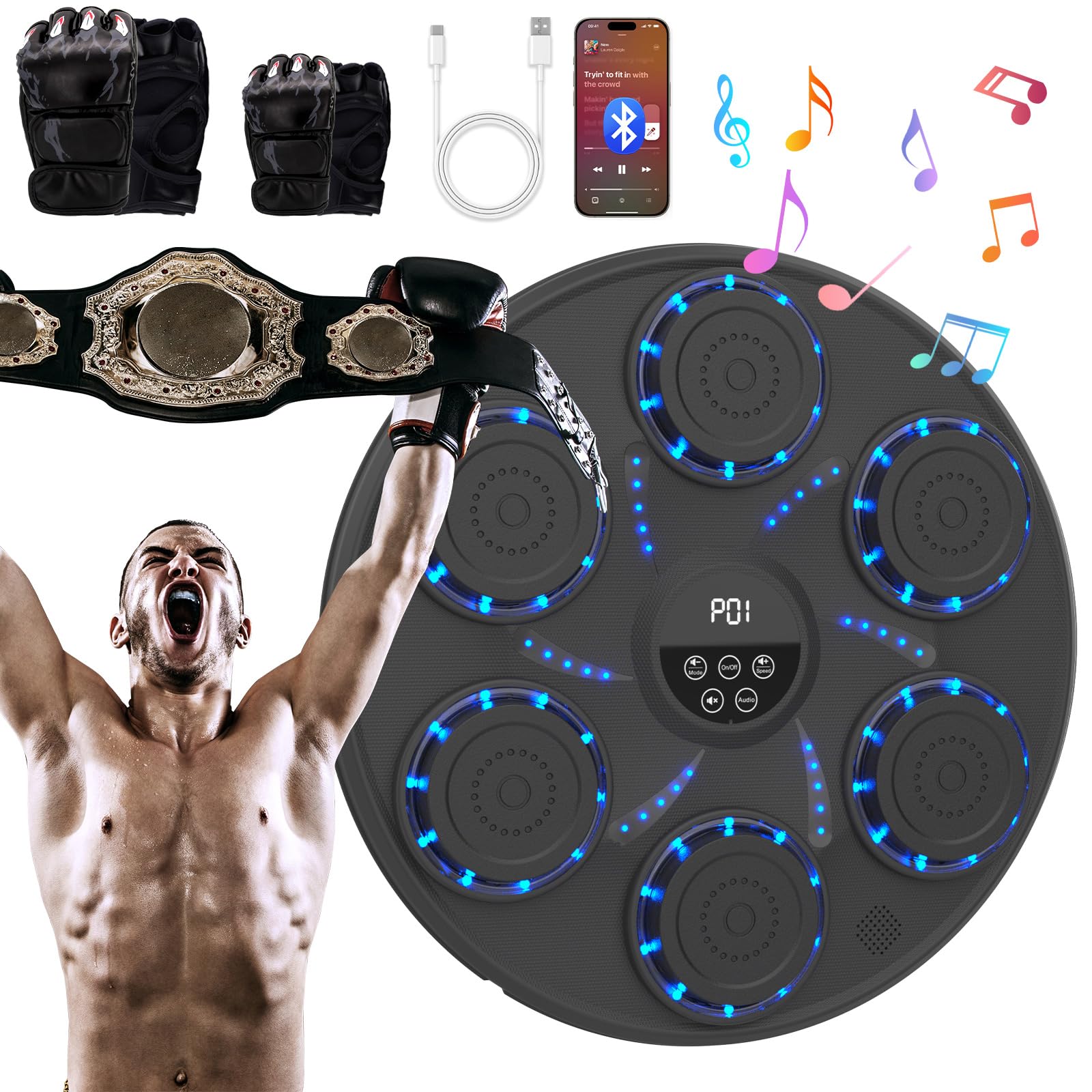 Smart Bluetooth Music Boxing Machine - Home Gym Workout Equipment for Adults & Kids with 2 Pairs Gloves | Perfect for Fitness Training, Stress Relief & Family Fun