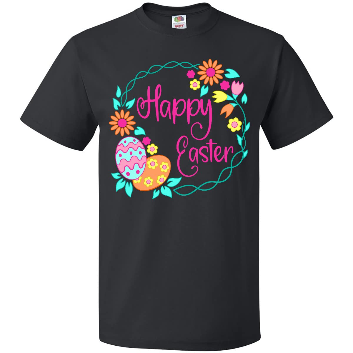 Happy Easter T-Shirt with Wreath & Pastel Eggs - Holiday Party Wear