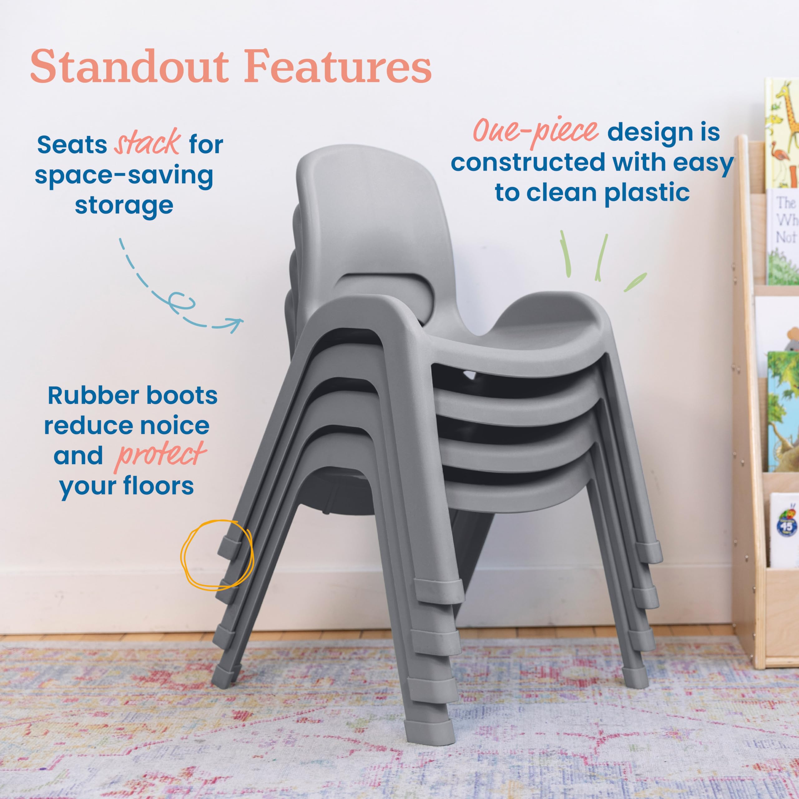 ECR4Kids SitRight Classroom Chairs - 4-Pack Grey Stackable Student Chairs for School, Daycare & Home Learning - Ergonomic Kids Seating Solution
