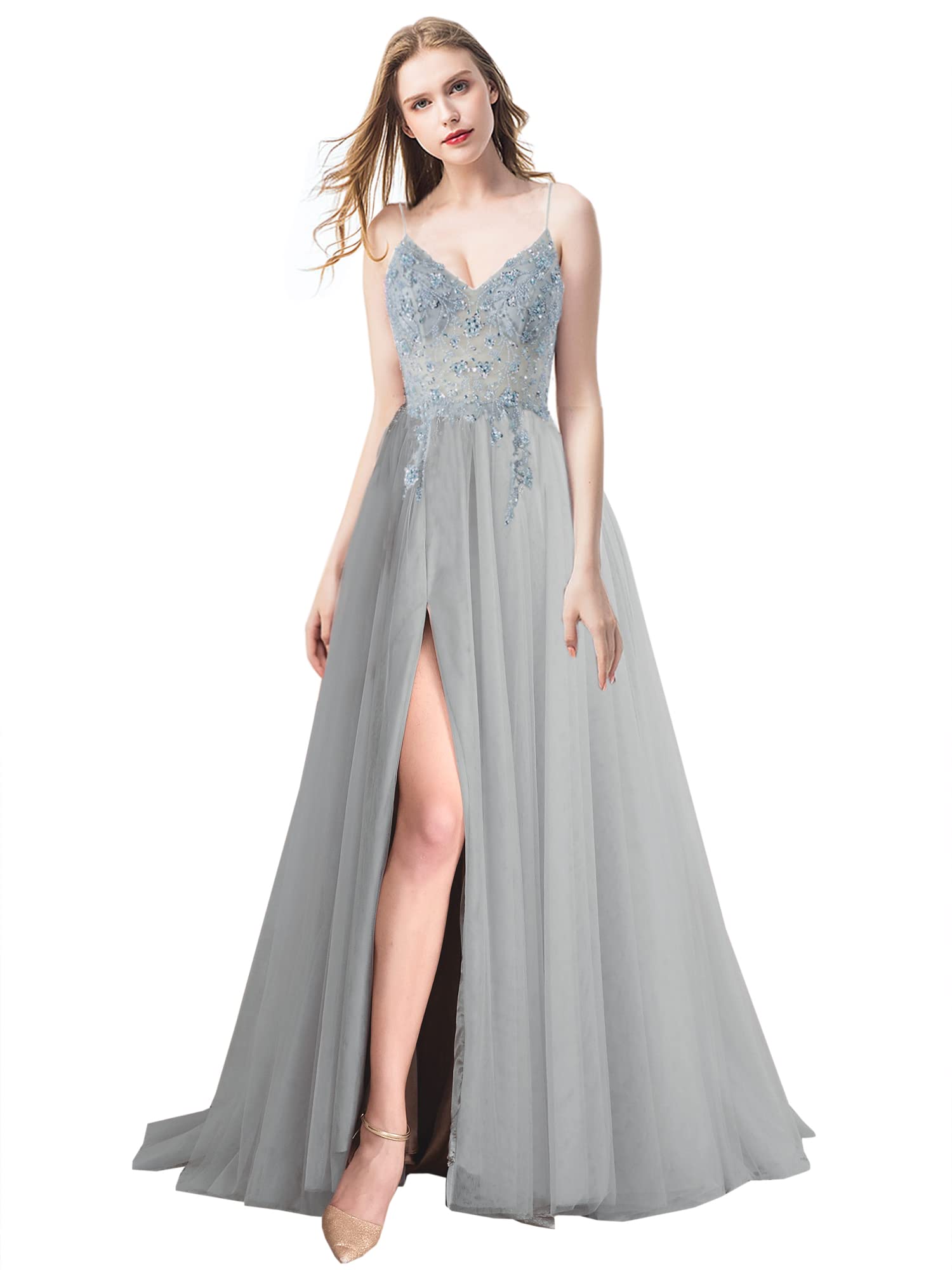 Elegant Women's V-Neck Long Prom Dress with Beads - Tulle Side Slit Evening Gown for Formal Dances, Weddings & Special Occasions