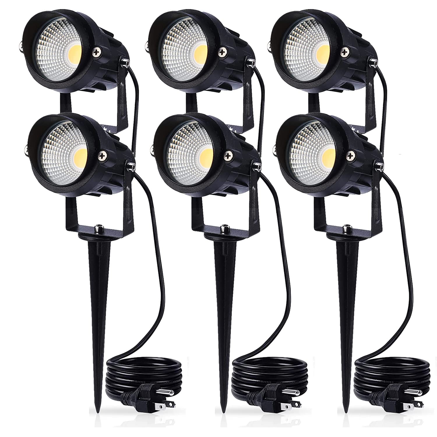 6 Pack LED Outdoor Landscape Spotlights - 120V AC Waterproof Garden Lights with Spiked Stake for Yard, Patio, Lawn, Wall & Driveway - Warm White Flood Lighting (US 3-Plug) - Perfect for Flag Lighting, Pathway Illumination & Security Lighting