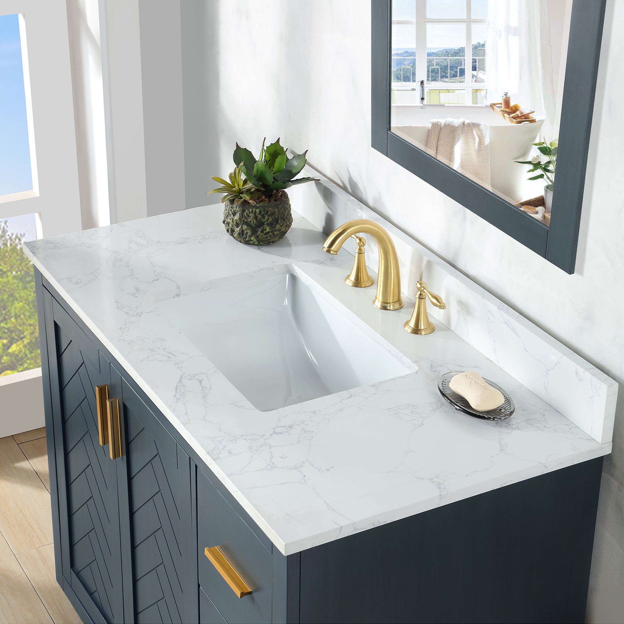Gazsi 42 Inch Single Bathroom Vanity Set with White Engineered Stone Countertop - Modern Farmhouse Sink Cabinet for Powder Room & Guest Bathroom