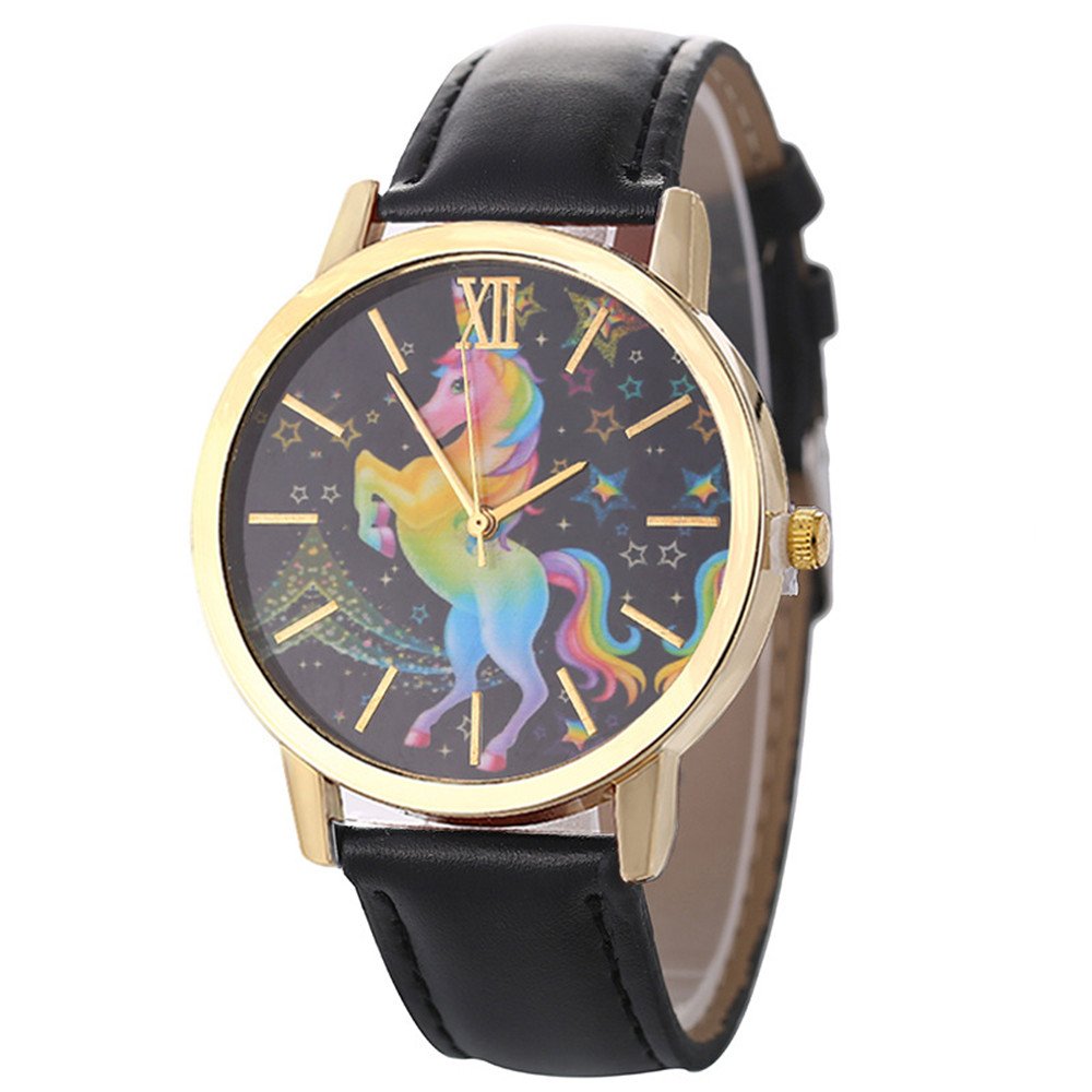 YAMULA Women's Quartz Watch with Colorful Unicorn Stars Design & Genuine Leather Strap - Perfect for Everyday Wear, Office, and Special Occasions