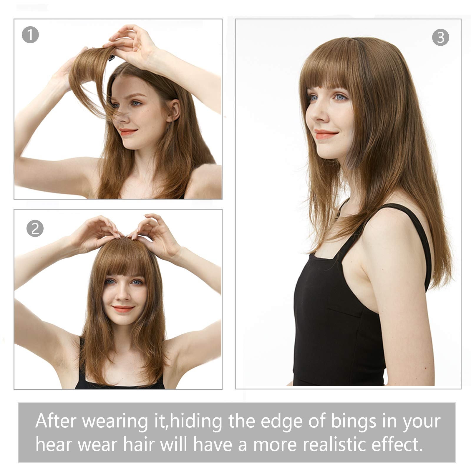 FESHFEN Clip-in Bangs 100% Human Hair Extension - Natural Black Curved French Fringe Hairpiece for Women & Girls | Easy Clip-on Flat Bangs with Temples | Perfect for Daily Wear, Cosplay & Hairstyle Transformations