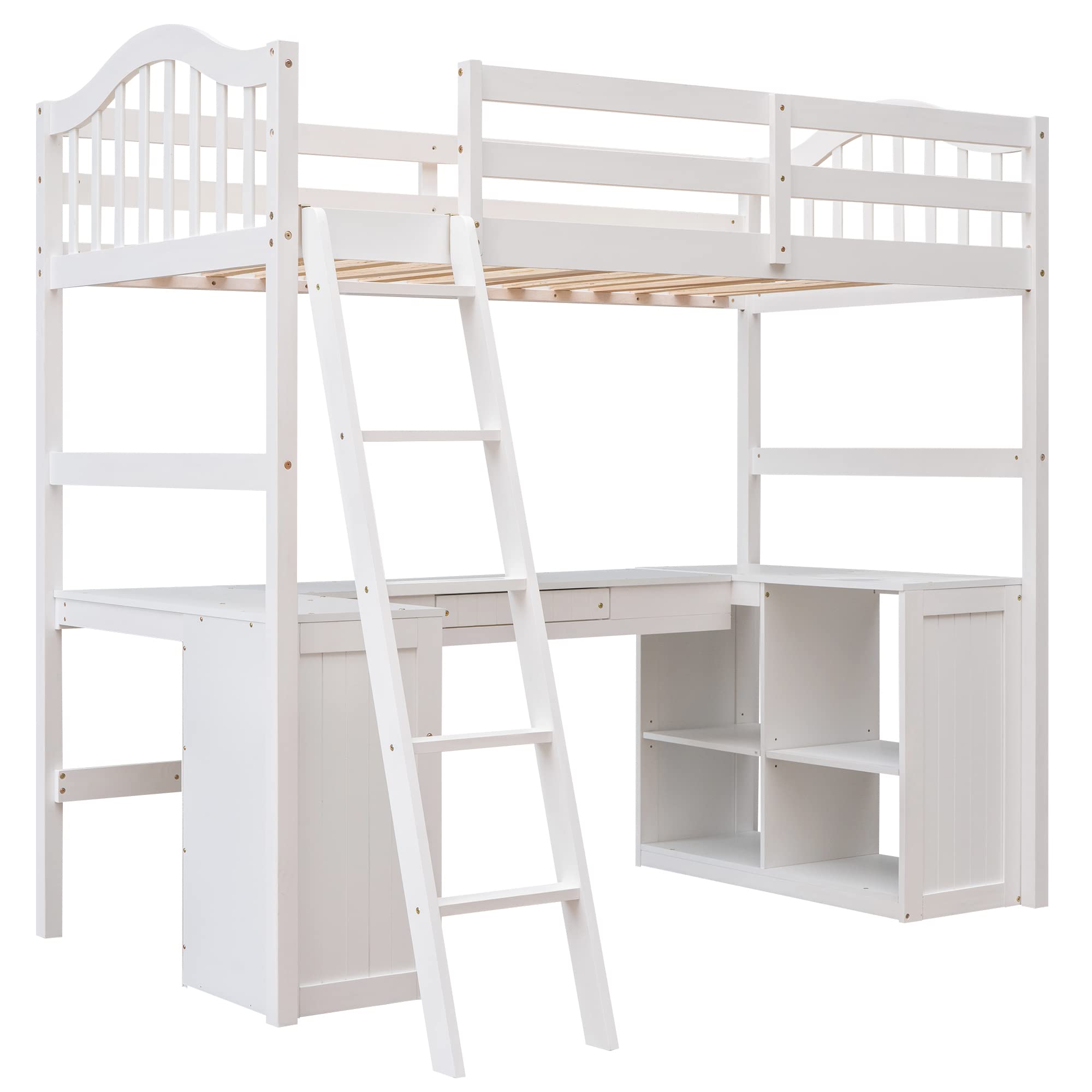 **Twin Loft Bed with Desk, Drawer & Cabinet - Wooden Study Bed for Kids, Teens & Adults - White - Perfect for Dorm Rooms, Small Spaces & Kids' Bedrooms**
