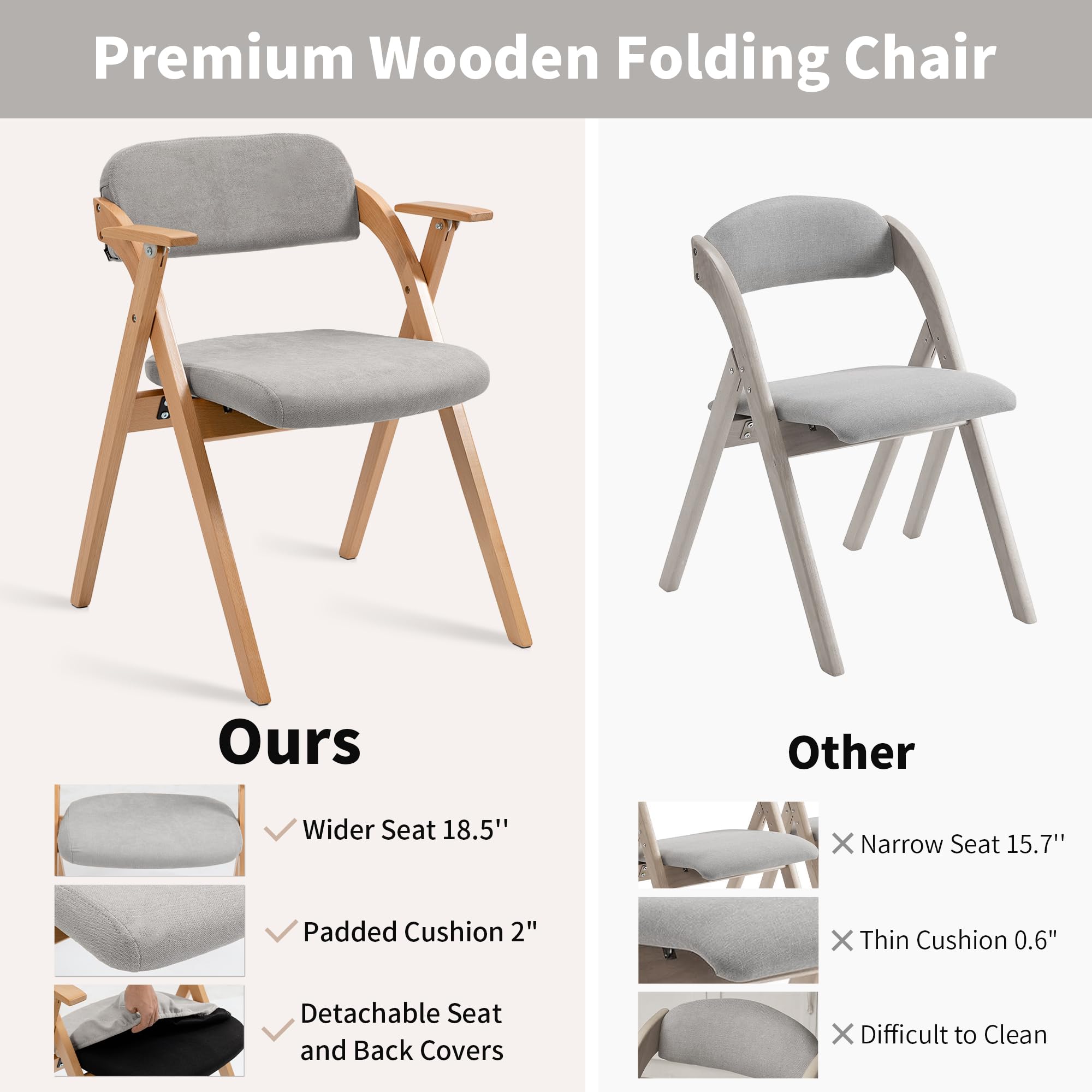 HOMEFUN 2-Pack Wooden Folding Chairs with Armrests & Padded Seats - Stackable Space-Saving Dining Chairs for Kitchen, Office, Wedding, Party & Guest Seating (Gray) - Perfect for Indoor & Outdoor Events, Home Decor & Compact Living Spaces