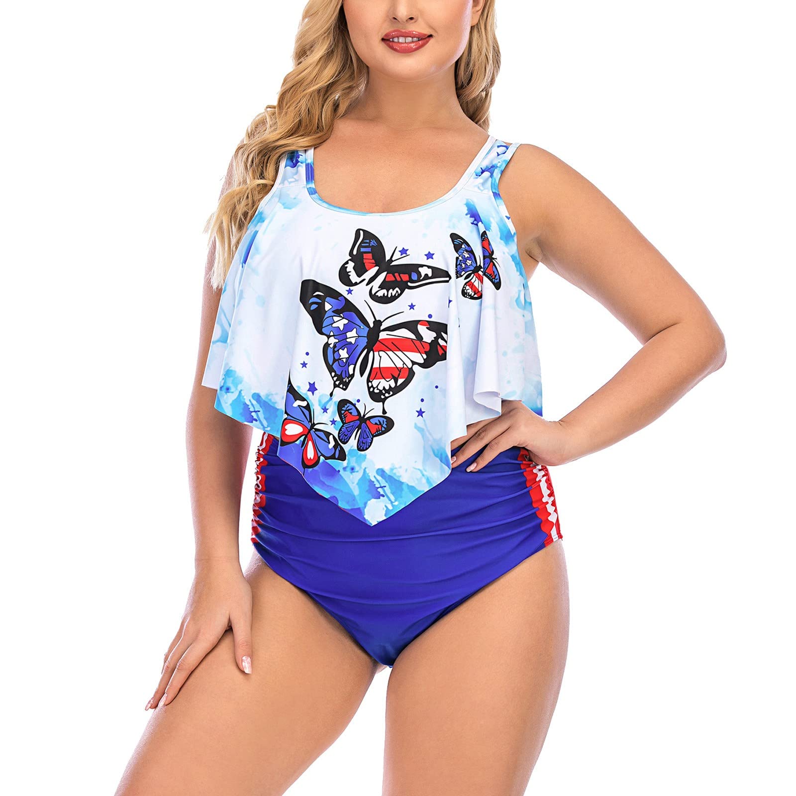 Plus Size Women's Tummy Control Butterfly Print Swimsuit with Skirt - High Waisted Swimdress for Beach, Pool & Vacation - White Two Piece Set