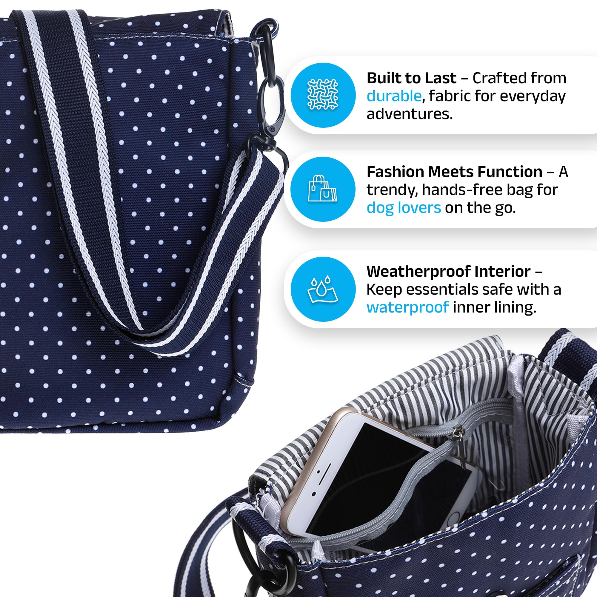 DOOG Adjustable Shoulder Walkie Bag with Poo & Water Bottle Compartments - Navy Polka Dot Pet Walking Bag for Dogs, Outdoor Adventures & Daily Walks