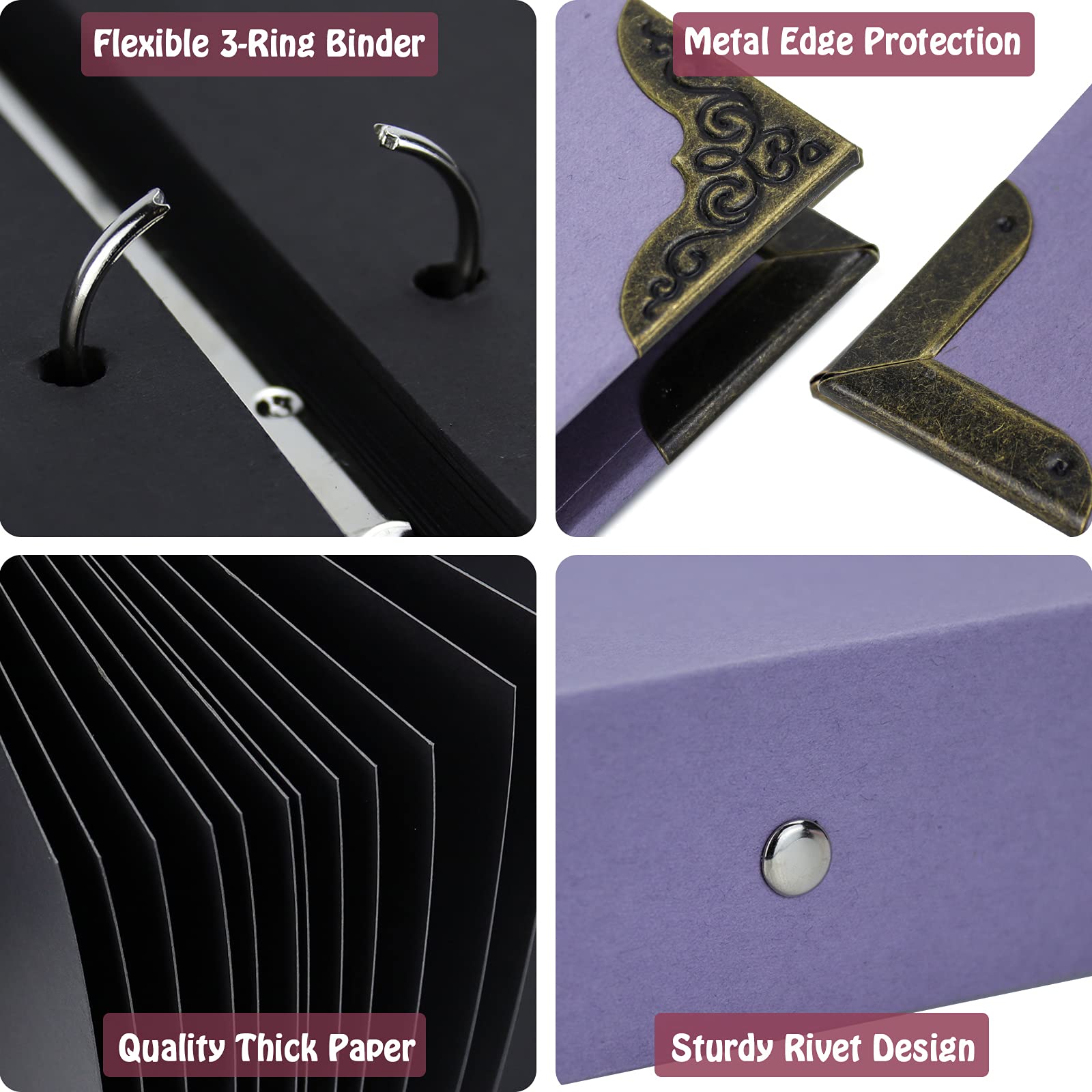 Vienrose DIY Scrapbook Photo Album Kit - 60 Pages 12x12 Inch Hardcover with Pens, Tapes & Stickers - 3-Ring Removable Black Paper Scrapbooking for Wedding, Anniversary, Birthday & Memory Keeping (Purple)