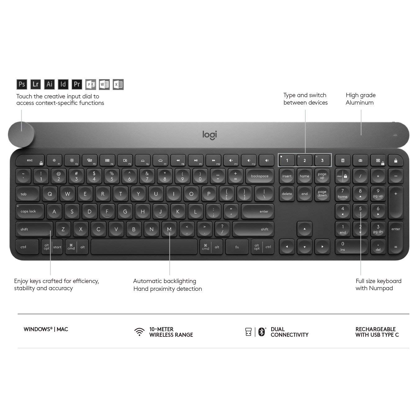 Logitech Craft Wireless Illuminated Keyboard - QWERTY Italian Layout (Black) | Premium Backlit Keyboard for Office, Design & Creative Work