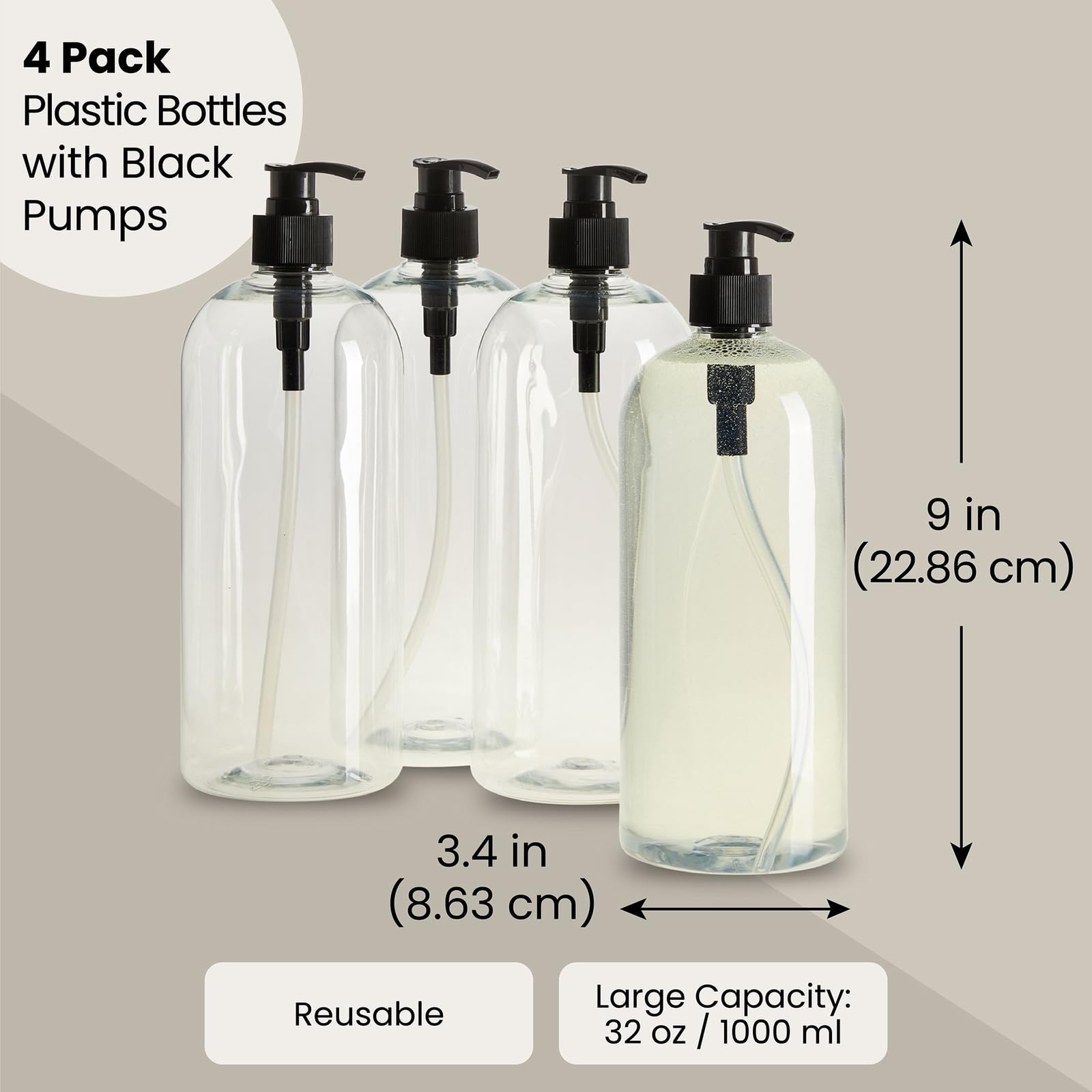 Okuna Outpost 32 oz Refillable Pump Bottles - 4 Pack Clear Shampoo & Conditioner Dispensers with Black No-Spill Pumps - Ideal for Hand Soap, Body Wash, Lotion & Travel Toiletries - Perfect for Home, Salon & Gym Use