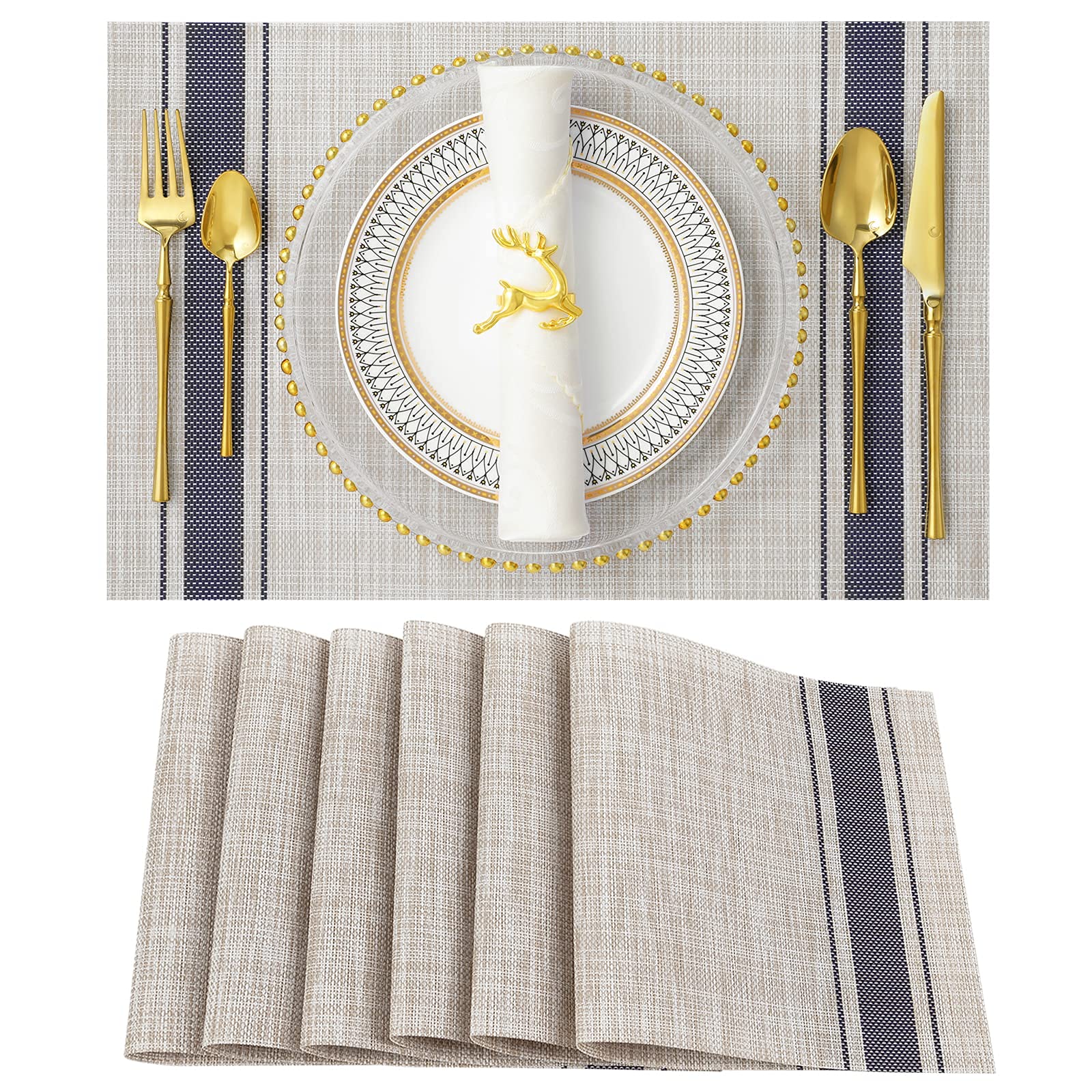 Premium SENDAY Placemats Set of 6 - Heat & Stain Resistant Non-Slip PVC Table Mats for Kitchen Dining - Washable Durable Woven Vinyl Placemats for Everyday Use, Dinner Parties & Holiday Gatherings