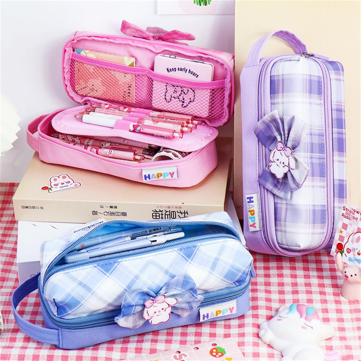 Colorful Large Capacity 2-Layer Oxford Pencil Case - Pink, Purple, Blue Bow Design School Stationery Organizer (21.5 x 8 x 8.5cm) for Students, Office & Art Supplies Storage