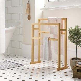 Premium Wooden Freestanding Multi-Tier Towel Rack Stand with Shelf - Bathroom, Bedroom, Gym & Kitchen Towel Holder - Space-Saving Ladder Design for Hand & Bath Towels | Perfect for Small Spaces & Home Organization