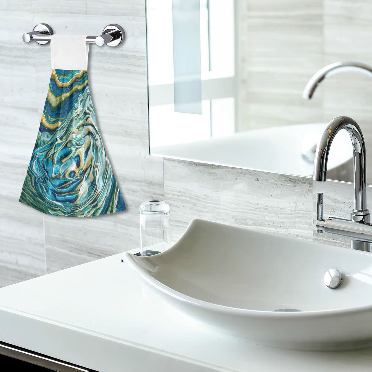 Premium Navy Blue Marble with Golden Veins Hand Towels - Set of 2 Decorative Bathroom Towels with Hook & Loop for Kitchen, Guest Bath or Spa Decor - Stone Print Luxury Towels for Modern Home