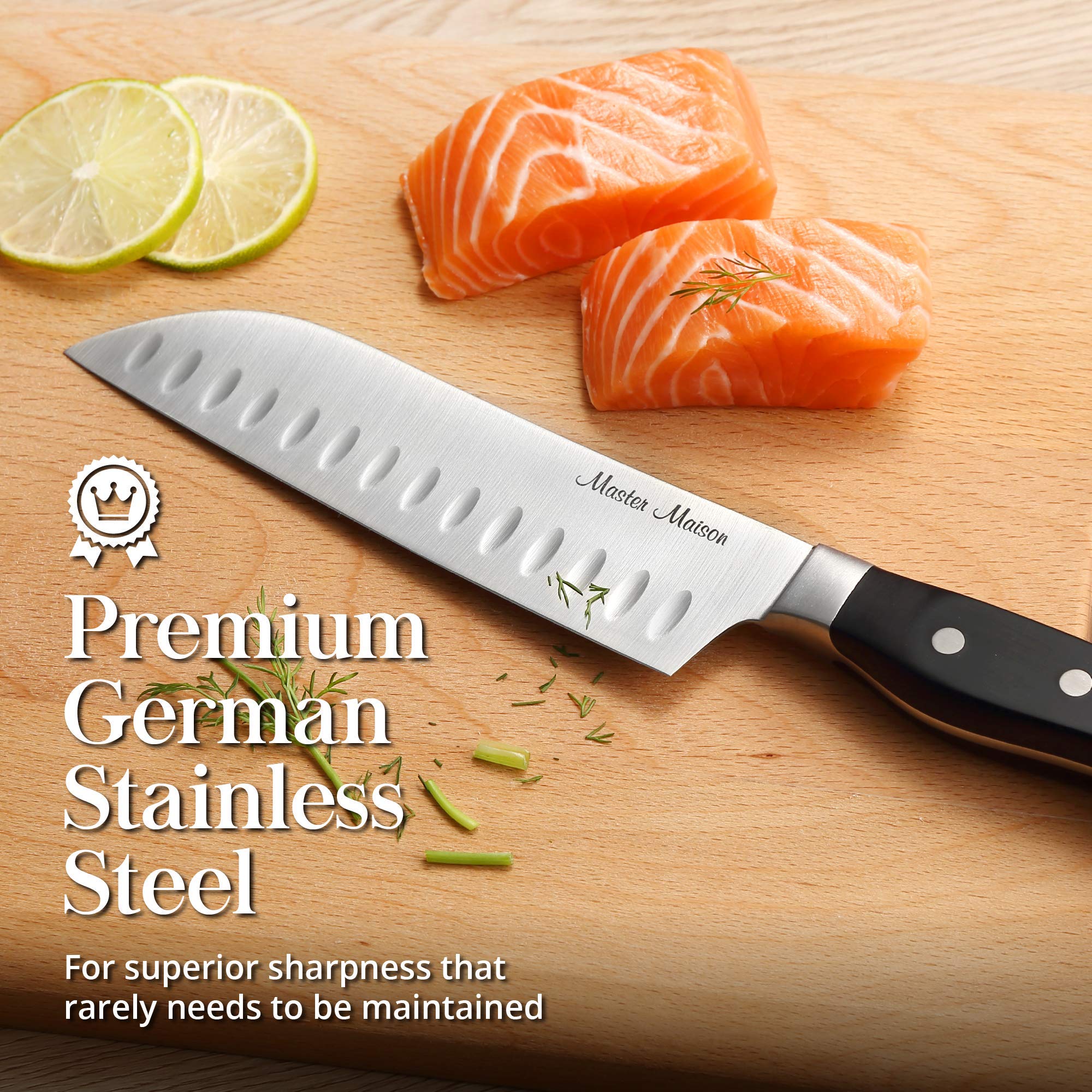 Master Maison 15-Piece Kitchen Knife Set with Wooden Block & Sharpener - Professional Stainless Steel Chef, Utility & Steak Knives for Cooking, Slicing & Food Prep - Perfect for Home Chefs & Culinary Enthusiasts